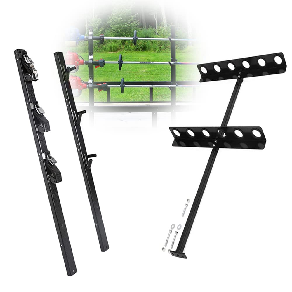 ELITEWELL 3-Position Lockable Weed Eater Trimmer Rack & 6-Hole Tool Organizer for Open Landscape Trailers & Trucks - Secure Storage for Lawn Care Equipment & Gardening Tools
