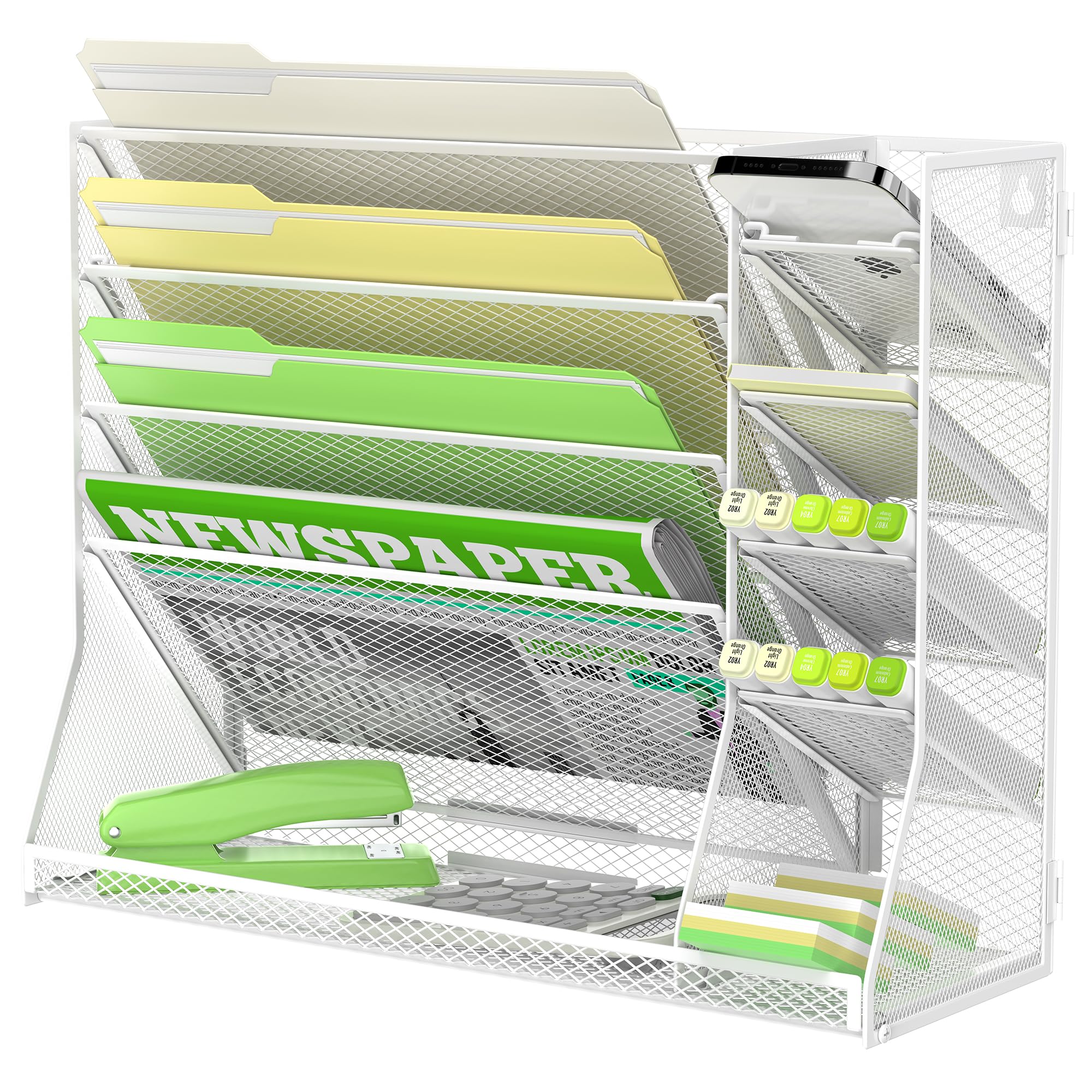 SUPEASY 5-Tier Wall File Organizer with 4 Pen Holders & R-Shaped Bottom Tray - White Office Desk Organizer for Documents, Papers & Supplies - Perfect for Home Office, Workspace & School Organization