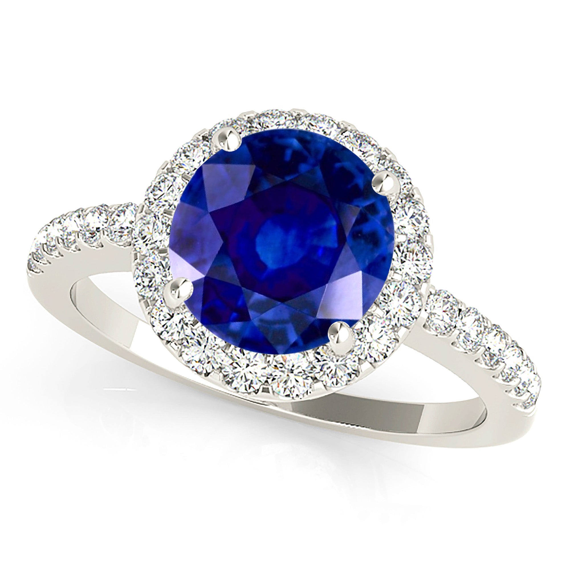 2.40 Carat Genuine Blue Sapphire Halo Ring - 14K White Gold Engagement Ring for Women, Wedding Band, Anniversary Gift, Promise Ring, Bridal Jewelry