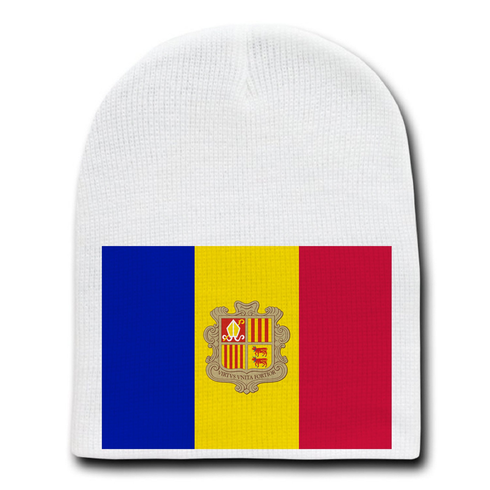 Andorra National Flag Beanie - White Skull Cap Hat for Winter Sports & Outdoor Activities - Unisex Knit Hat for Men and Women