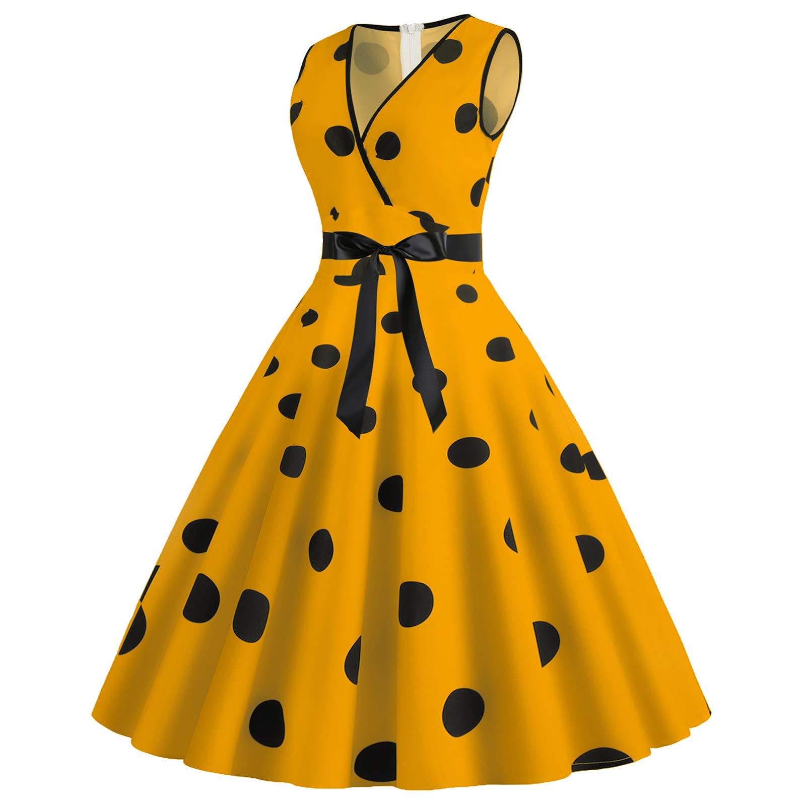 RIJJTRP Women's Summer Polka Dot Maxi Dress with Black Ribbon Waist - Retro Swing Dress for Beach, Vacation, and Casual Outings
