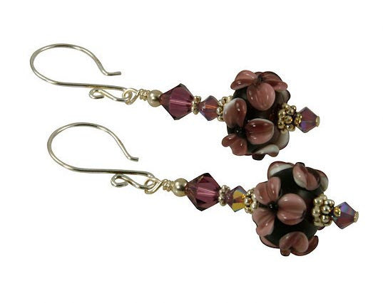 Handmade Amethyst Floral Lampwork Glass Bead Earrings for Women - Elegant Purple Crystal Dangle Earrings for Party, Wedding & Special Occasions