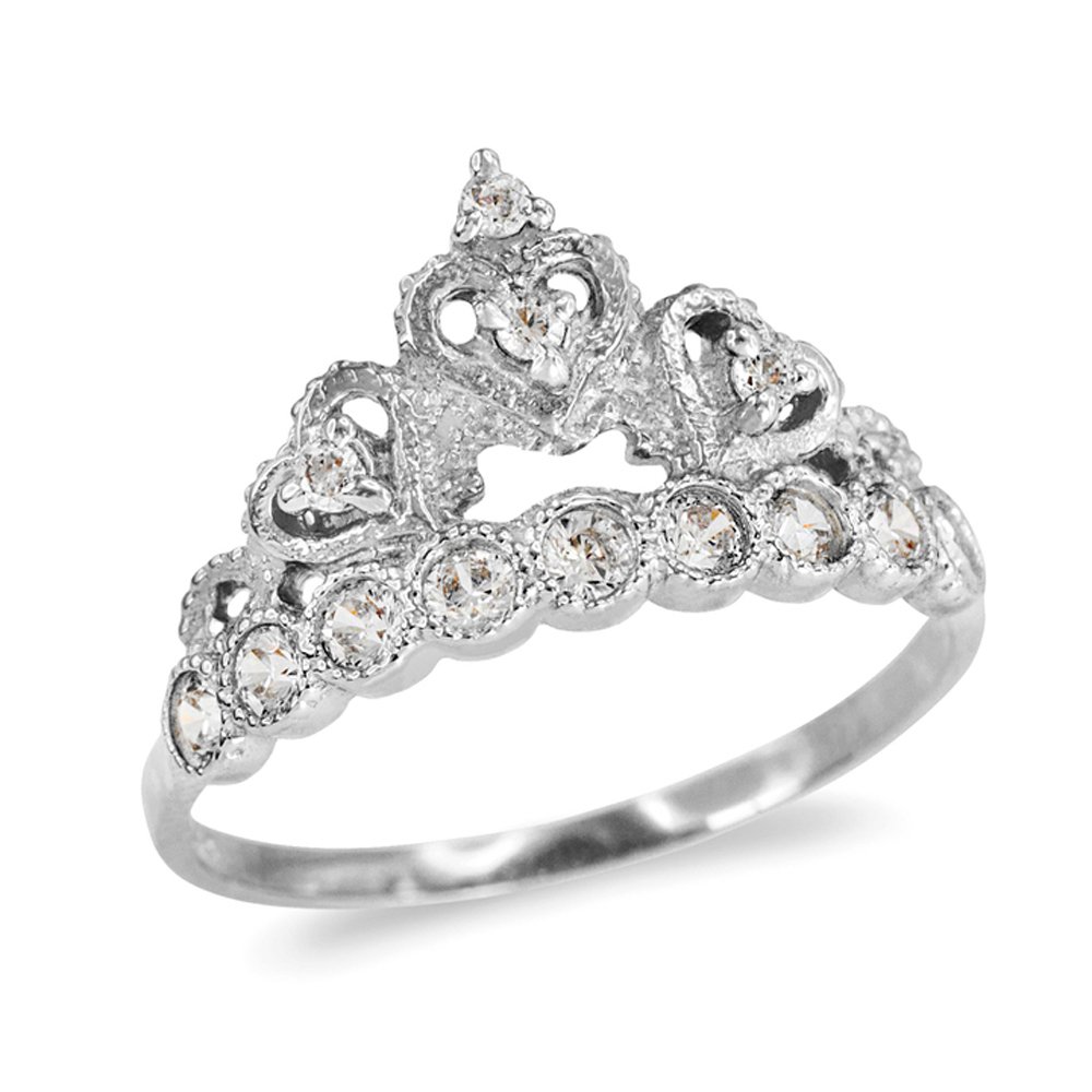 14k White Gold Princess Crown CZ-Studded Ring for Quinceañera | Elegant Jewelry Gift for Sweet 16, Birthday & Special Occasions