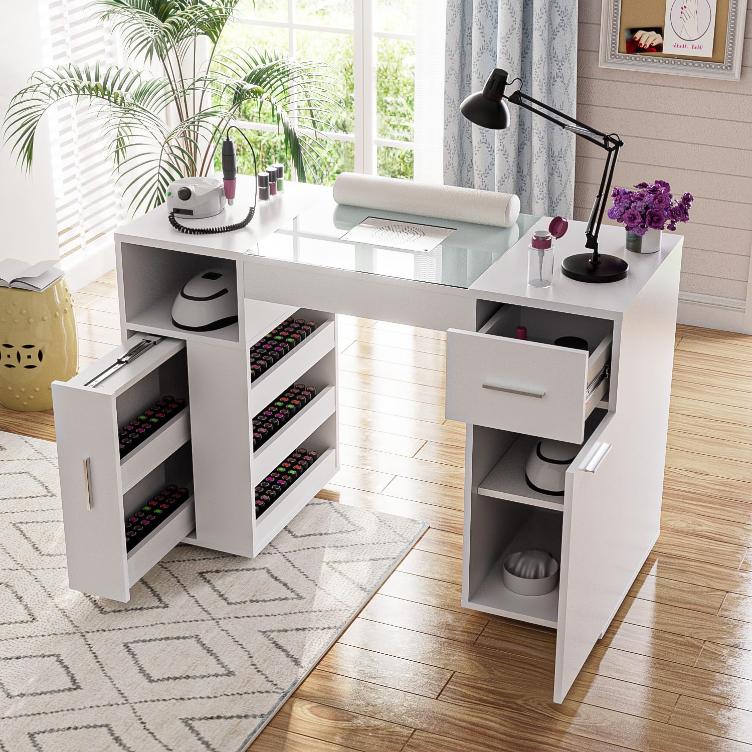 Professional Manicure Table for Nail Technicians - Acetone-Resistant Nail Desk with Glass Top, Wrist Rest & 4 Dust Bags - Beauty Salon Workstation with Storage Drawers & Cabinets - Perfect for Nail Salons, Home Studios & Mobile Nail Services (White)