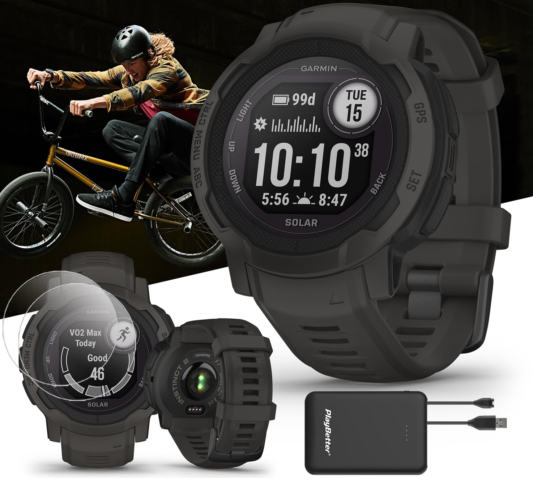 Garmin Instinct 2 Solar (Graphite) Rugged GPS Smartwatch Bundle - Outdoor Sports Watch with Multi-GNSS, Heart Rate Monitor, Compass, 45mm Large Display - Includes PlayBetter Screen Protectors & Portable Charger - Perfect for Hiking, Running, Cycling & Adventure Activities
