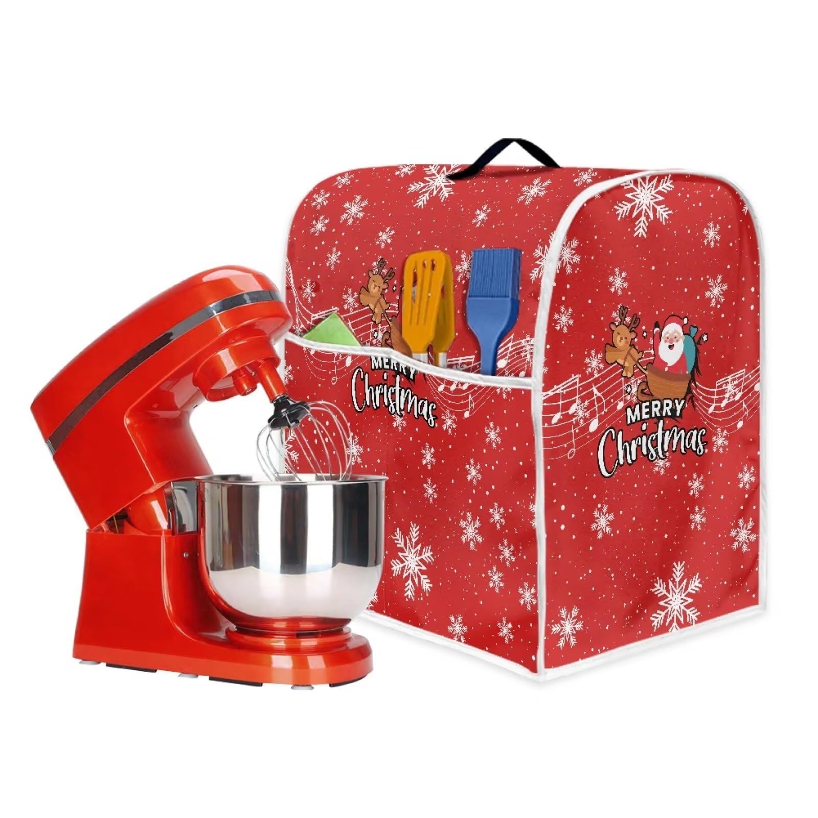 Santa Claus Christmas Stand Mixer Cover with Pockets - Stain Resistant Snowflake Design - Fits Pioneer Woman Mixers (Small Size) - Perfect for Holiday Baking & Kitchen Decor