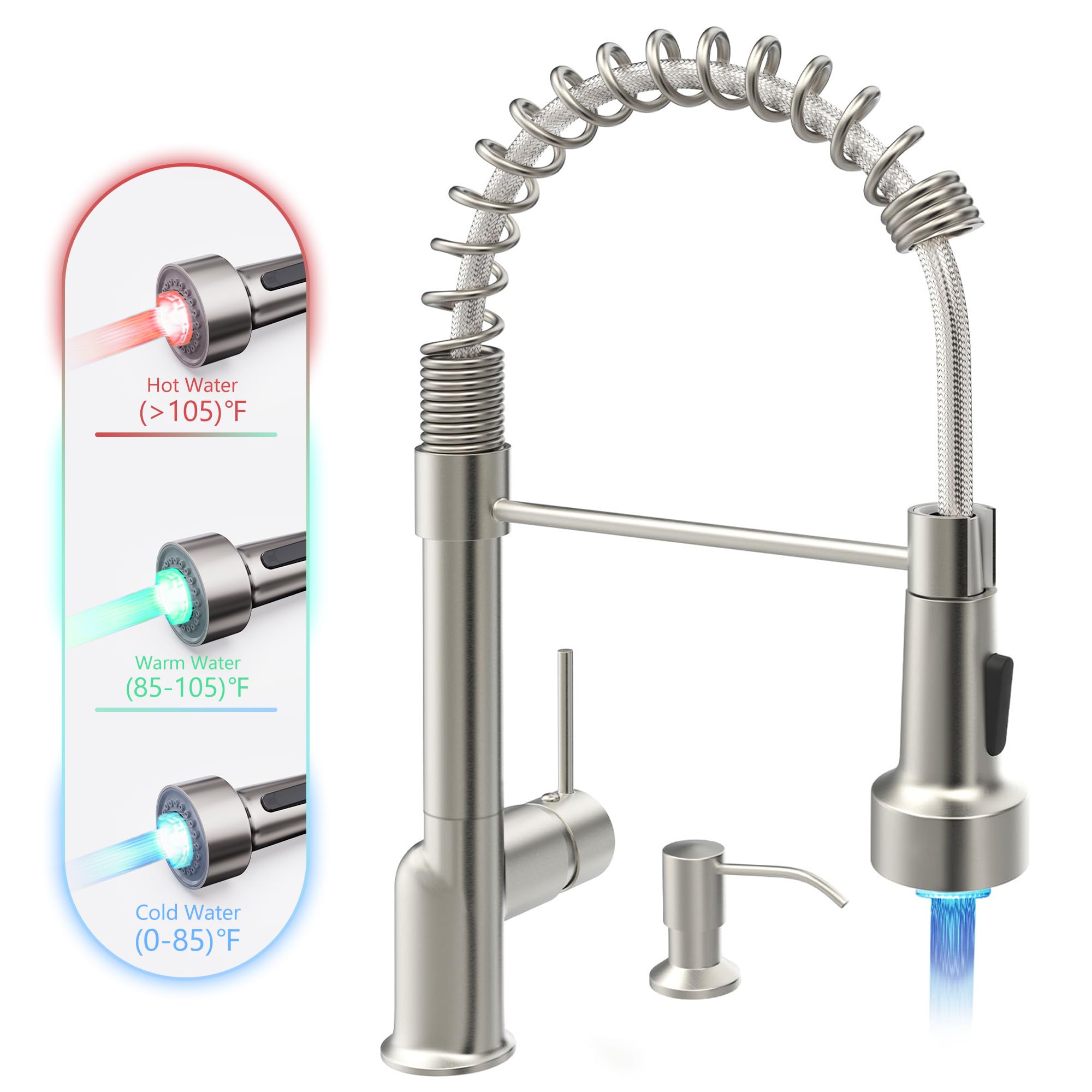 GIMILI Brushed Nickel Single Handle Pull Down Sprayer Kitchen Faucet with Soap Dispenser & LED Light - Modern Touchless Water Saving Design for Home Kitchen Sink