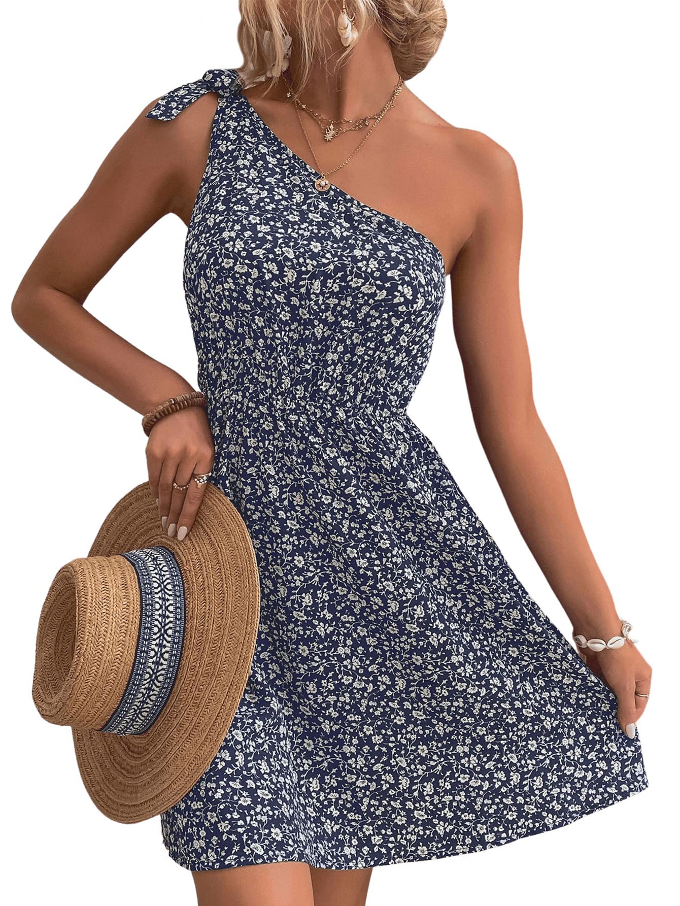 Floerns Women's Boho Knot One Shoulder Sleeveless Flared Hem A-Line Mini Dress | Summer Beach Party, Vacation, Date Night Outfit
