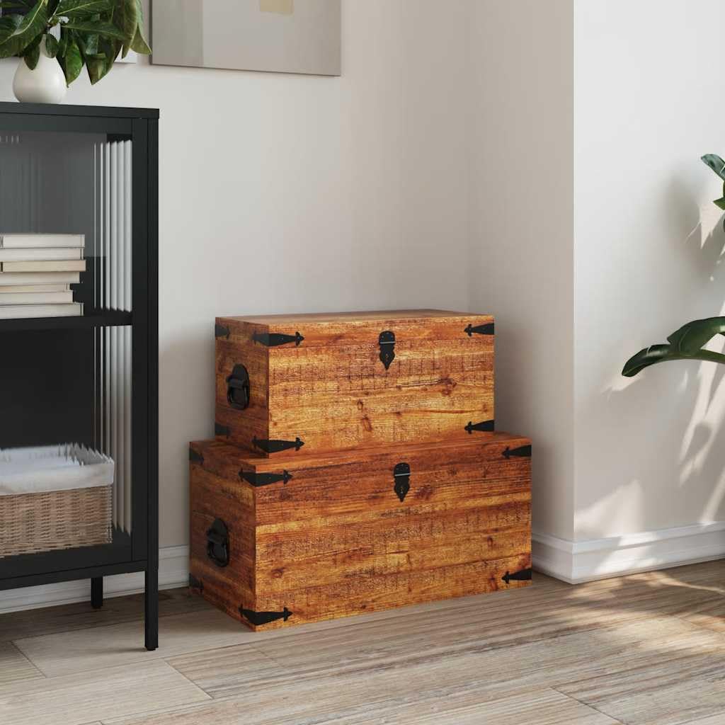 2-Piece Mango Wood Storage Chest Set - Rustic Handmade Wooden Trunk for Bedroom, Living Room & Home Decor