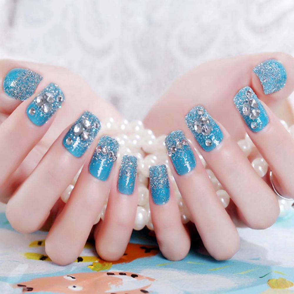 HUJL False Nails - Short Rhinestone Wedding Fake Nails for Bride, 3D Copper Blue Artificial Nail Tips with Full Wrap Design | Perfect for Bridal Showers, Weddings, and Special Occasions