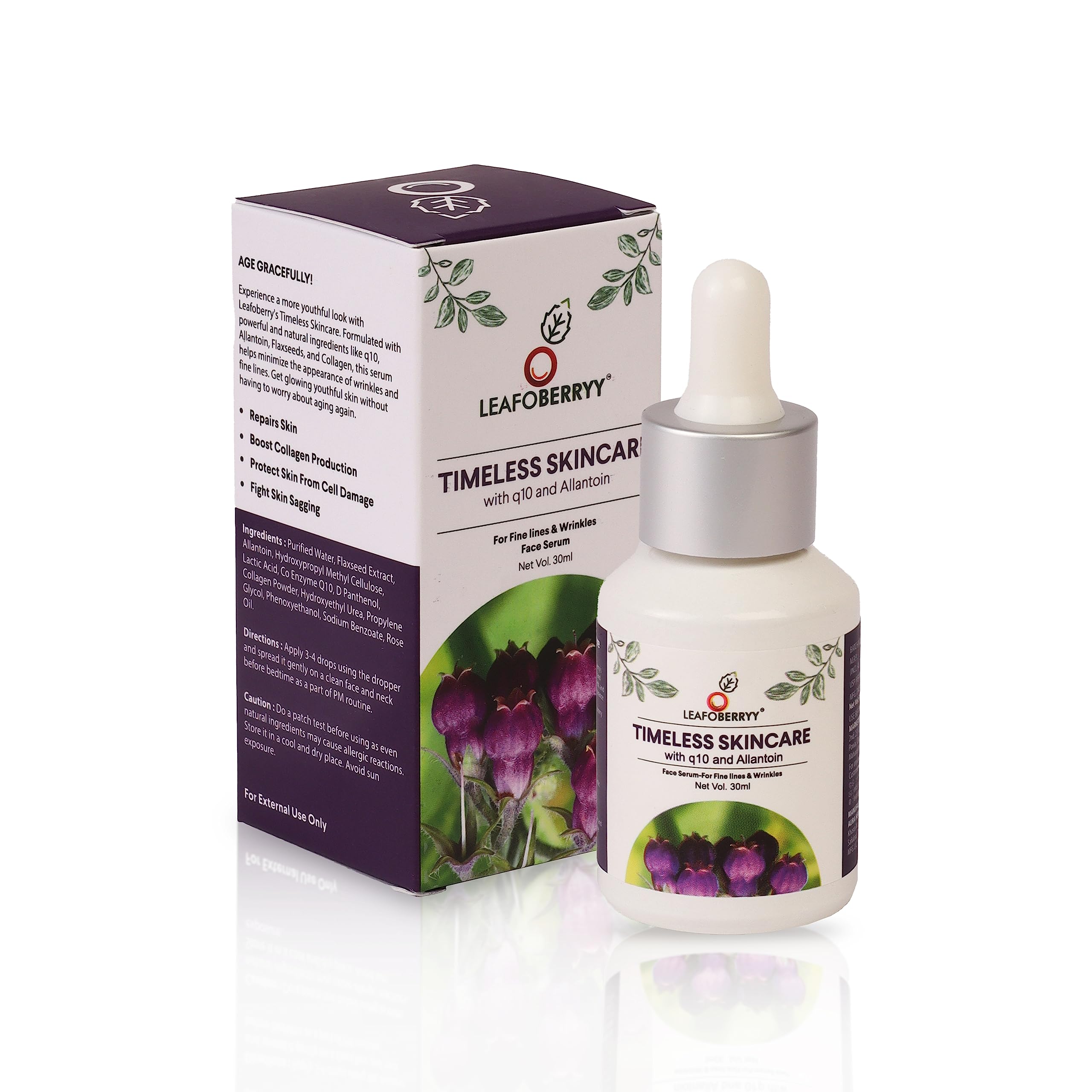 Leafoberryy Anti-Aging Face Serum with CoQ10, Allantoin & Flaxseed - Reduces Fine Lines & Wrinkles, Brightens Dull Skin, Boosts Collagen - 30ml | Perfect for Nighttime Skincare Routine & Daily Anti-Wrinkle Treatment