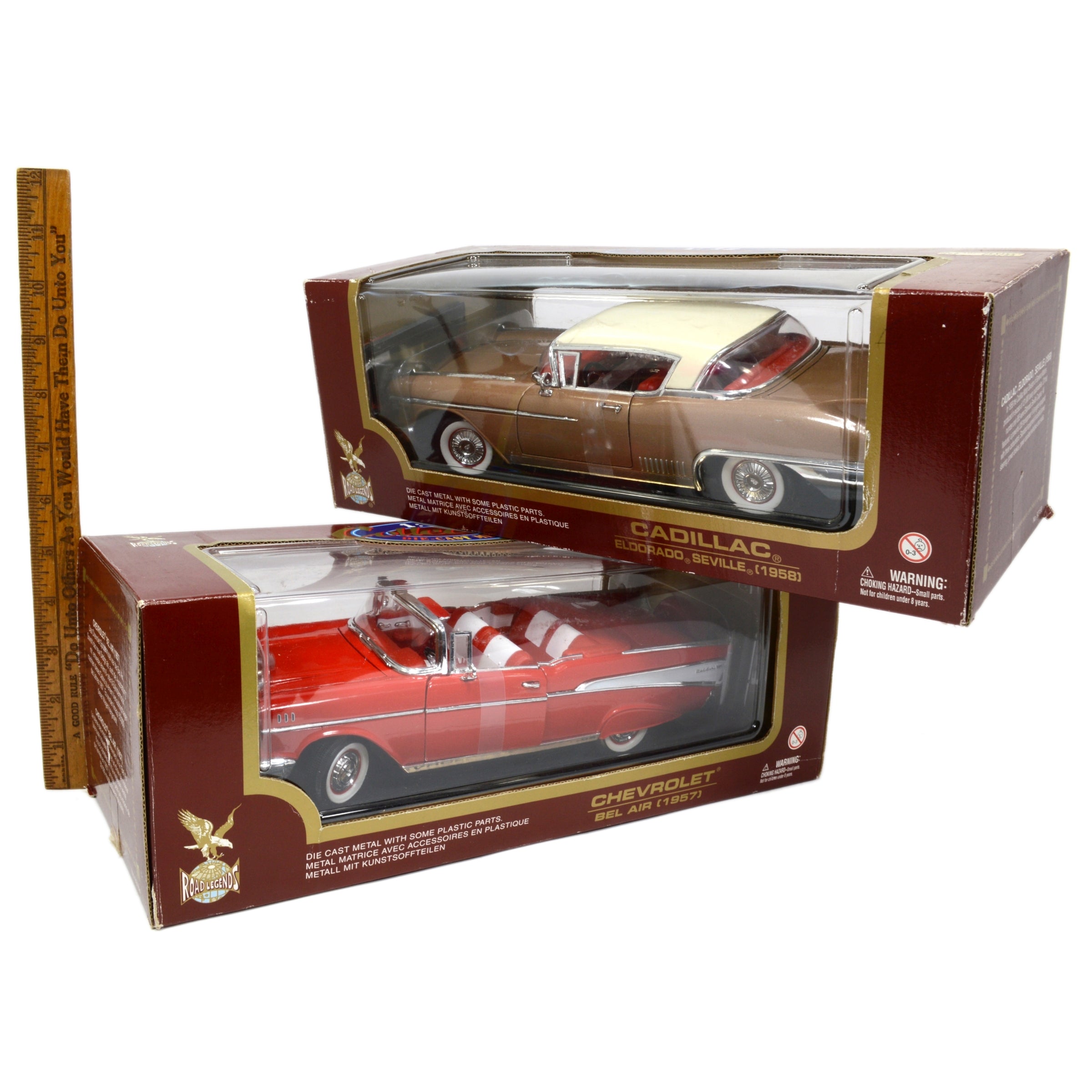 Lot of 2 Road Legends Diecast Cars 1:18 Scale - Chevy Bel Air & Cadillac Eldorado | Collectible Model Cars for Display & Gifting