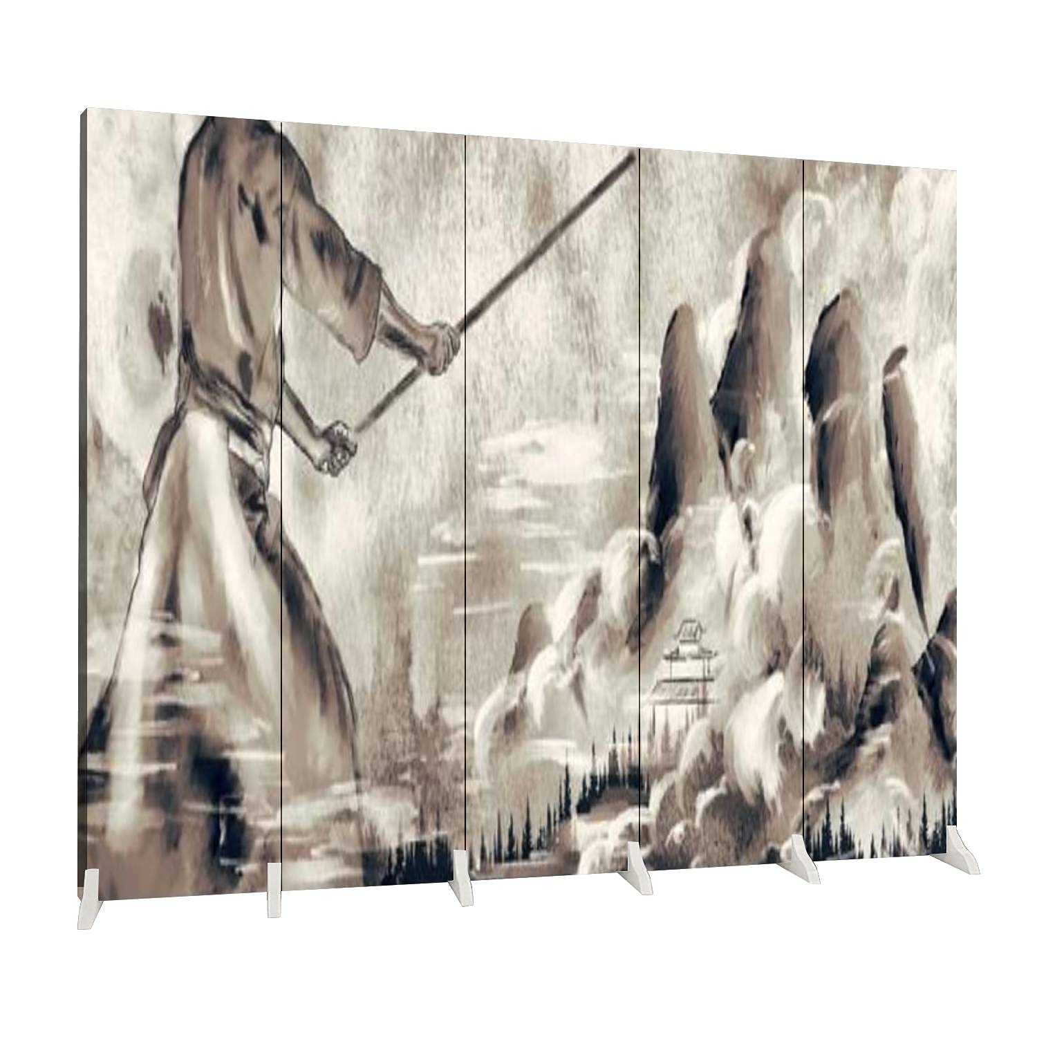 5-Panel Hand-Painted Watercolor Samurai & Mountain Folding Room Divider - Rice Paper Canvas Privacy Screen for Indoor Space Separation, Home Office, Yoga Studio & Bedroom Partition
