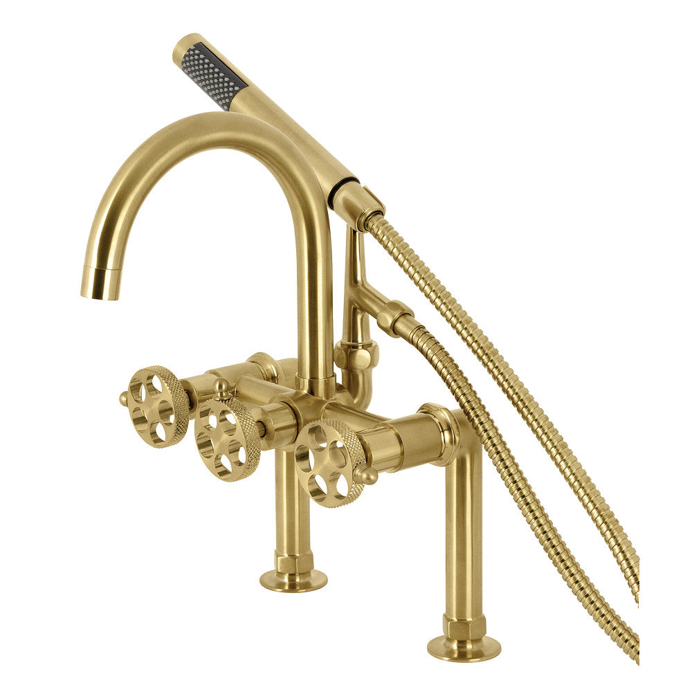 Kingston Brass AE8108RKX Webb 7 Inch Deck Mount Clawfoot Tub Faucet with Knurled Handle & Hand Shower - Vintage Style Bathroom Fixture for Freestanding Bathtubs