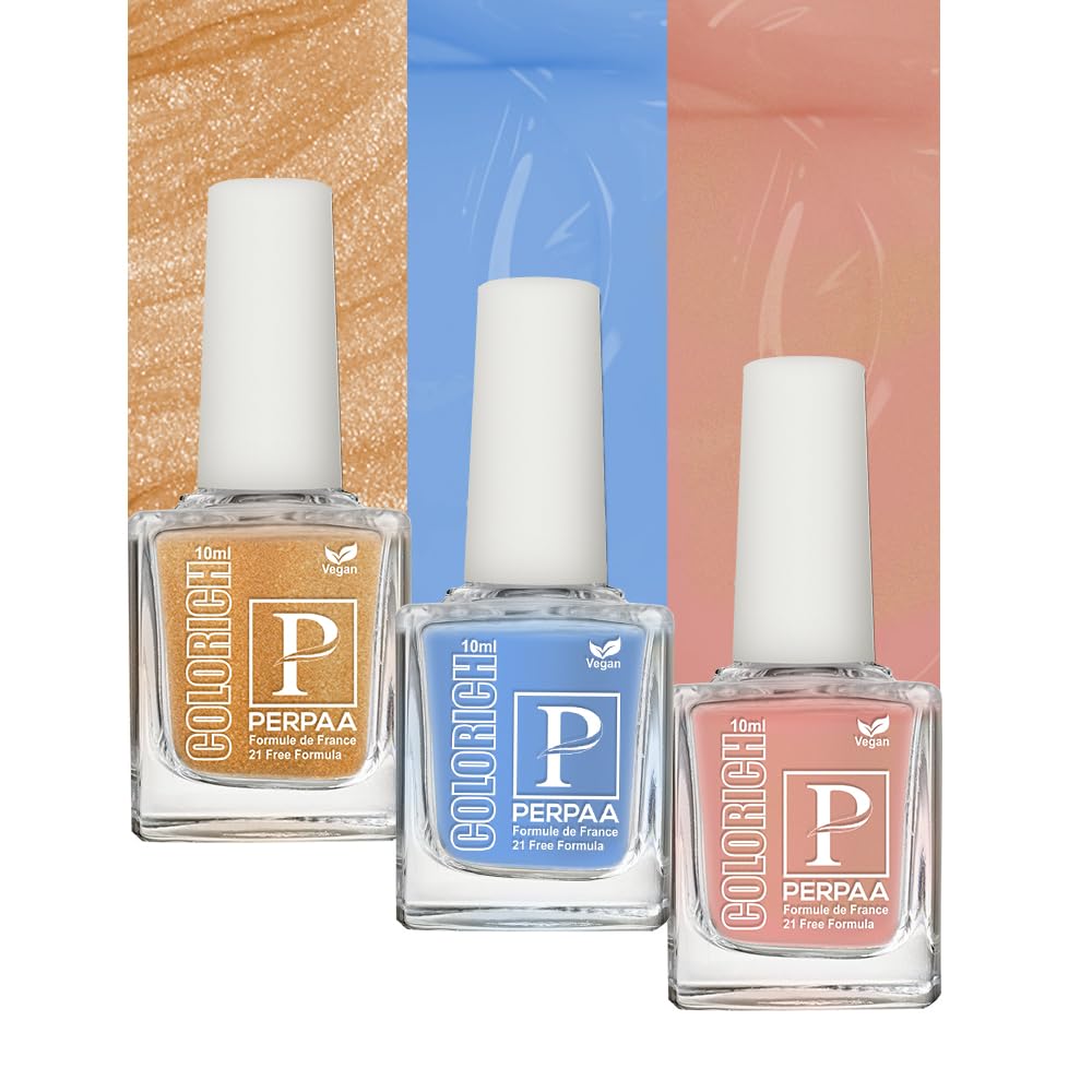 PERPAA® Vegan HD Color Gel Nail Polish Set - 3 Colors (Ice Blue, Shimmer Peach, Golden Bliss) | Long Lasting & Non-Toxic | Perfect for Manicures, Pedicures & Nail Art Designs