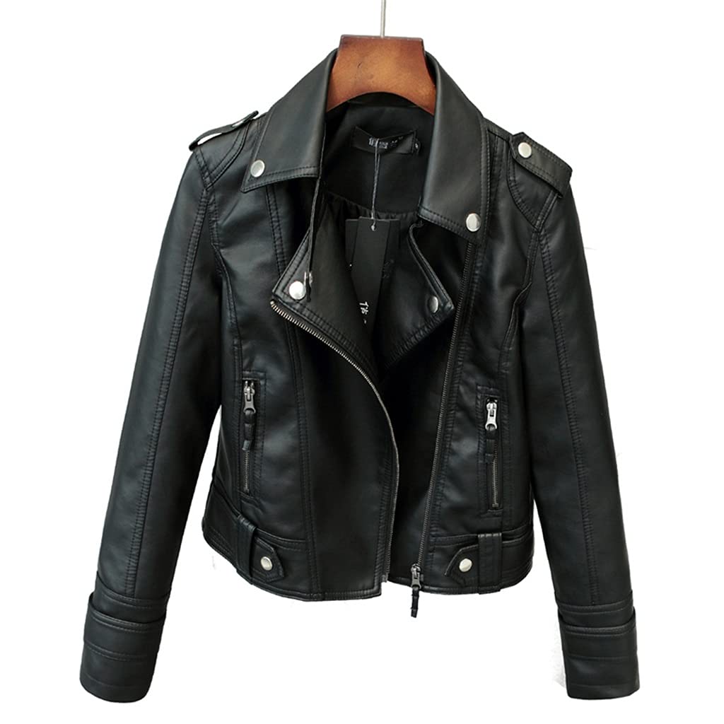SKREOJF Women's Faux PU Leather Jacket - Slim Fit Punk Style Motorcycle Biker Coat for Spring & Autumn | Black, Size L | Perfect for Casual Wear, Night Out & Street Fashion