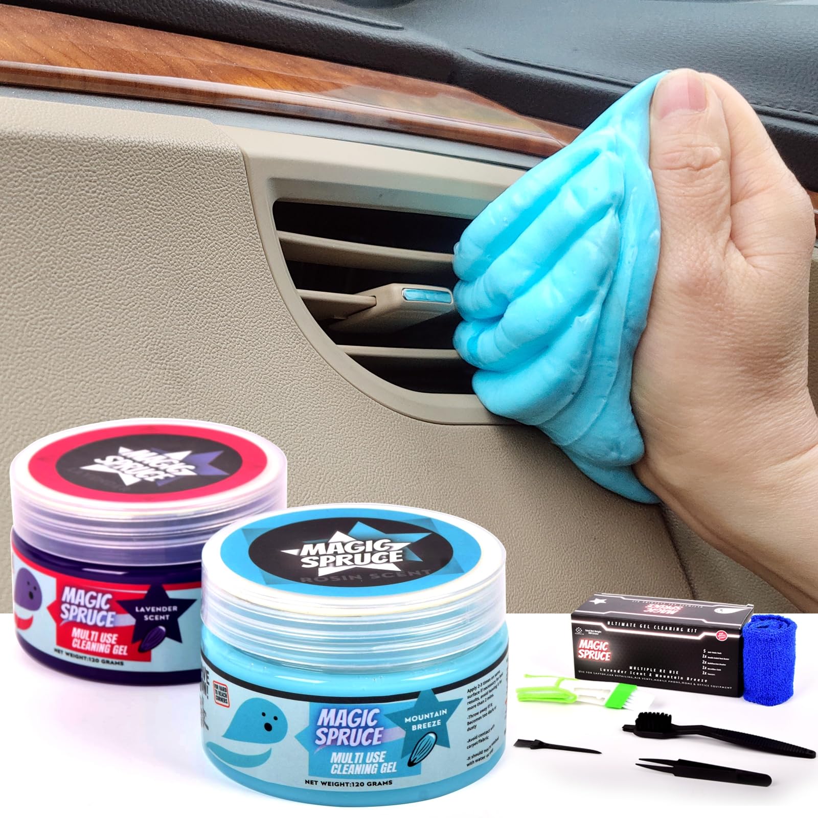 Magic Spruce Car Cleaning Gel Kit - 2 Pack with Brushes for Auto, Keyboard & PC Cleaning