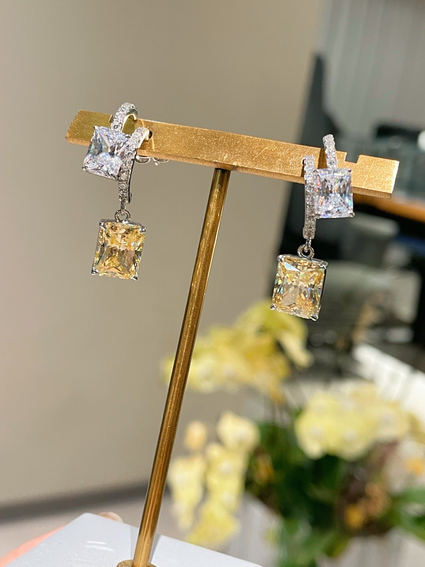 Exquisite Double Layer Illusion Yellow & White Diamond Drop Earrings for Women | Elegant Dangle Earrings for Party, Wedding & Special Occasions