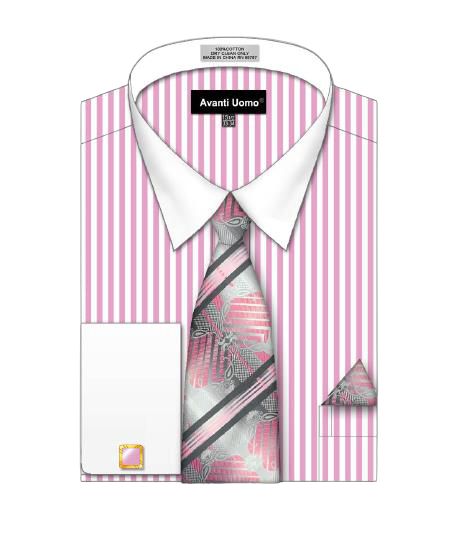 AVANTI UOMO Men's Striped Pattern White Collar Cuff Dress Shirt DN126M in Pink | Formal Office Wear & Business Casual Attire