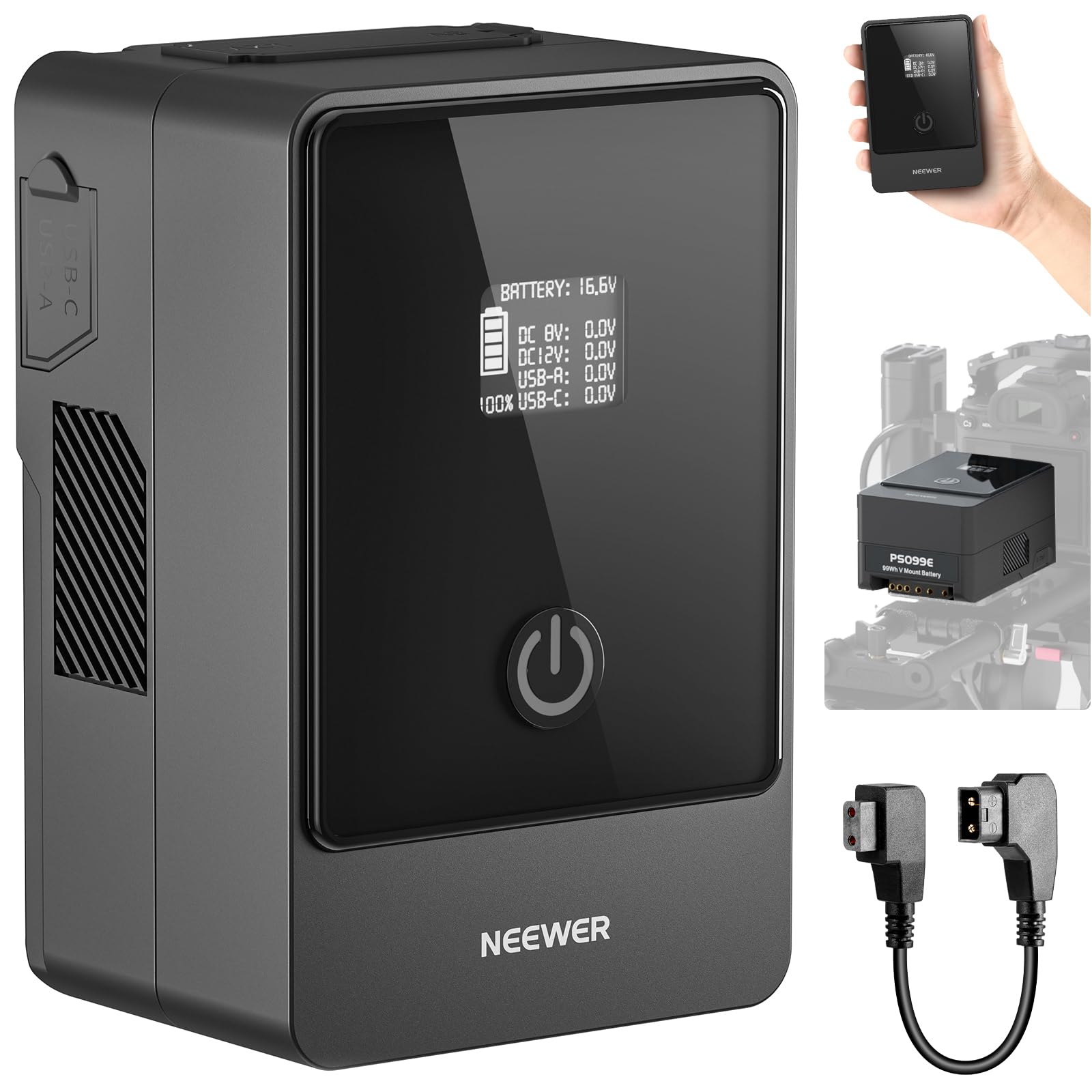 NEEWER PS099E Mini V Mount Battery - 6800mAh 99Wh 14.5V V-Lock Battery with D-Tap Cable, BP, 65W PD Type-C, USB-A, Dual DC & OLED Display - Compatible with SmallRig BMPCC 4K/6K, Sony, Canon Cameras - Perfect for Video Production, Live Streaming & Outdoor Filming