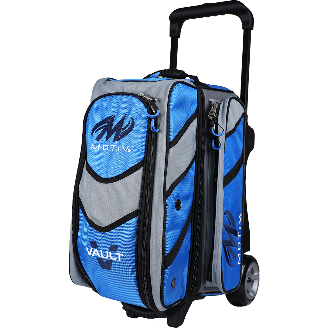 Motiv Vault 2 Ball Double Roller Bowling Bag - Cobalt Blue | Heavy Duty Bowling Ball Carrier with Wheels for League & Tournament Players | Perfect for Travel & Storage