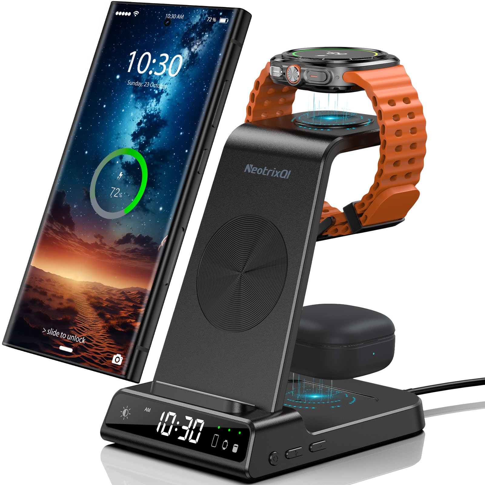 3-in-1 Wireless Charging Station for Samsung Galaxy S25/S24/S23 Ultra, Z Flip 6/Fold 6, Buds & Watch Ultra/7/6/5/4/3 - Fast Qi-Certified Charger Pad (Black) | Perfect for Home, Office & Nightstand Charging