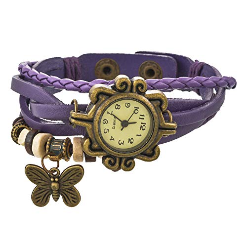 Souarts Women's Fashion Quartz Watch with Braided Leather Strap & Butterfly Charm - Elegant Wrap Bracelet for Casual, Office & Party Wear