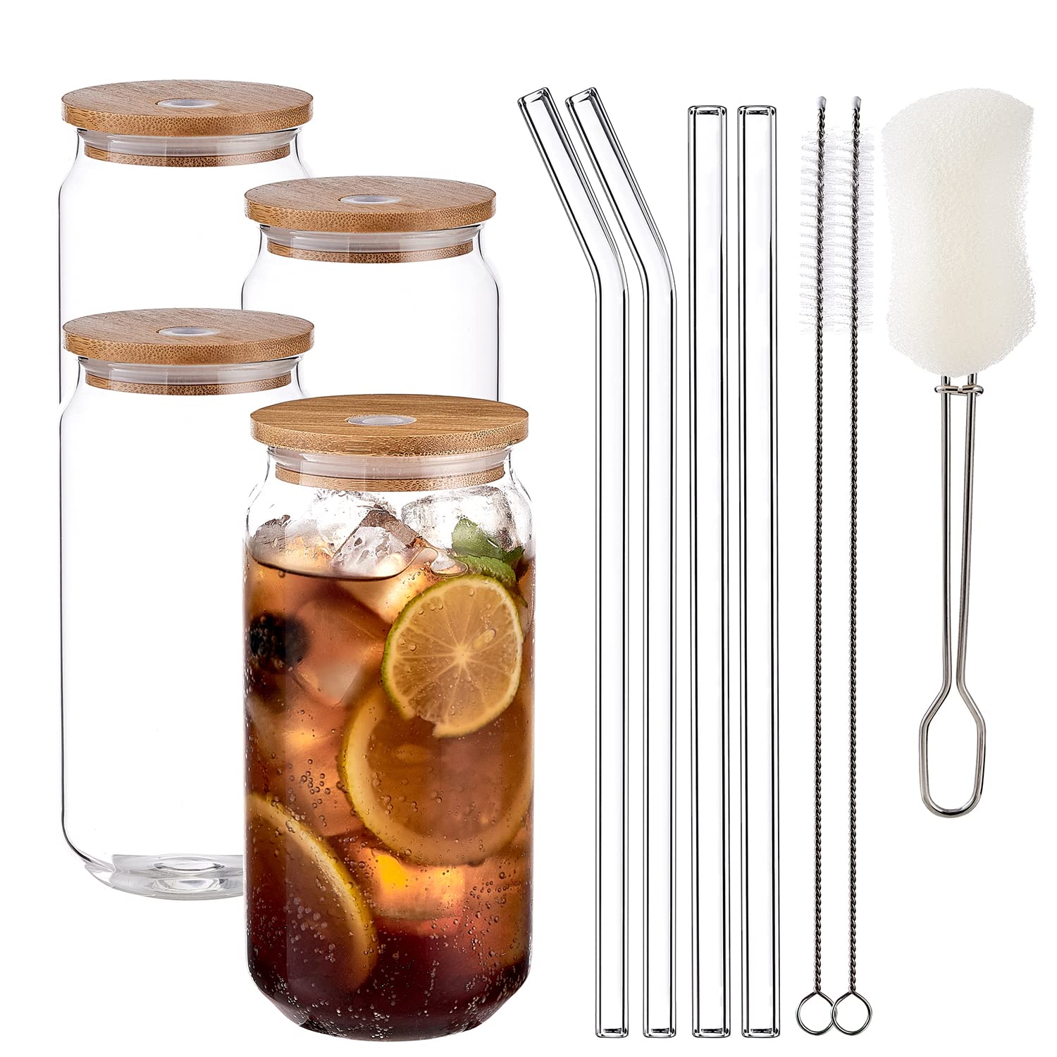 HEFBCOMK 4-Pack 16oz Beer Can Glass Cups with Bamboo Lids & Glass Straws - Reusable Tumbler for Cocktails, Whiskey, Iced Coffee, Soda, Tea & Water - Perfect for Home Bars, Parties & Outdoor Gatherings