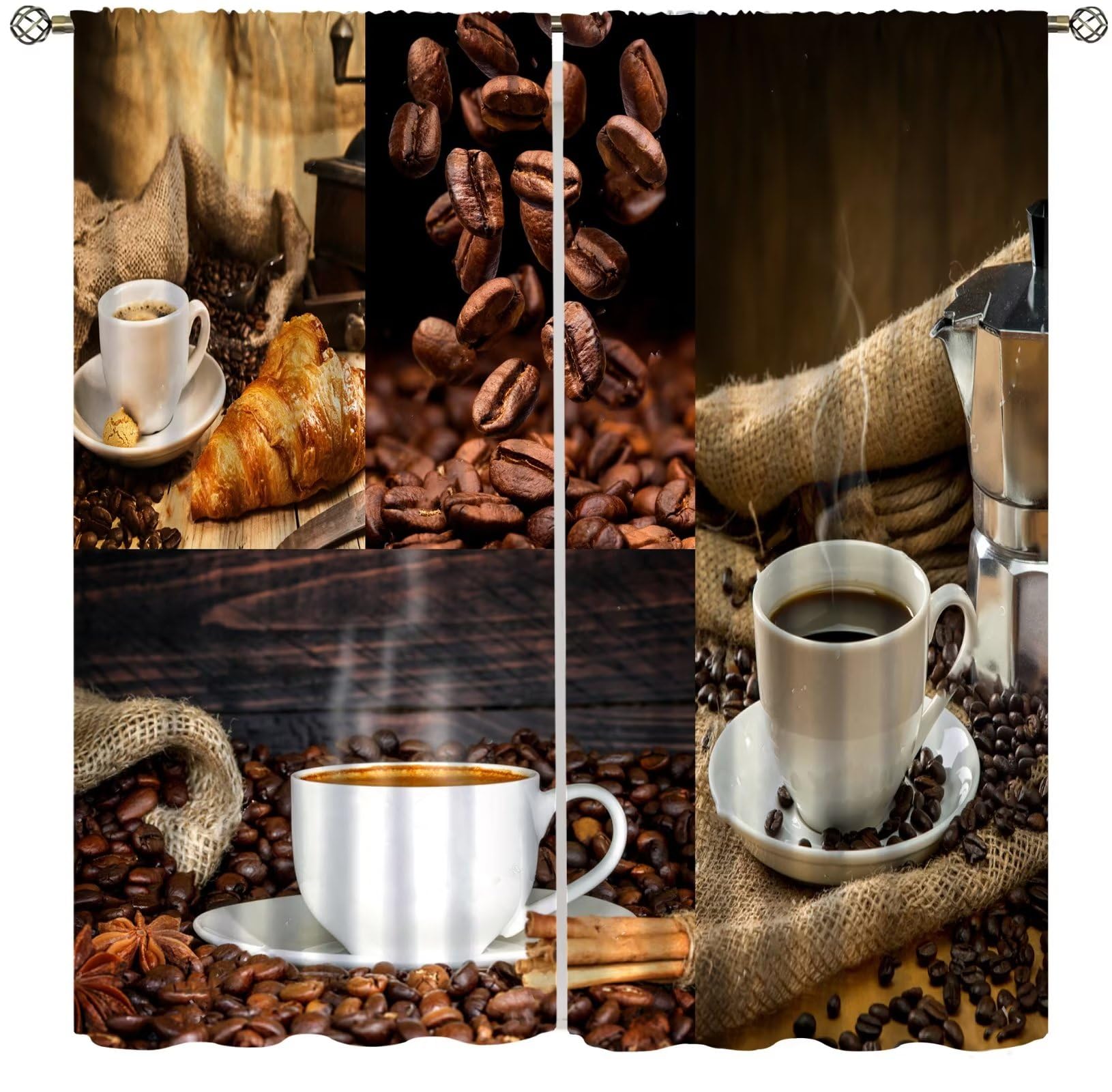 Coffee Kitchen Curtains 42x45in, Coffee Beans Design on Wooden Grunge Background, 2 Panel Window Drapes for Kitchen and Cafe Decor, Perfect for Home and Commercial Use