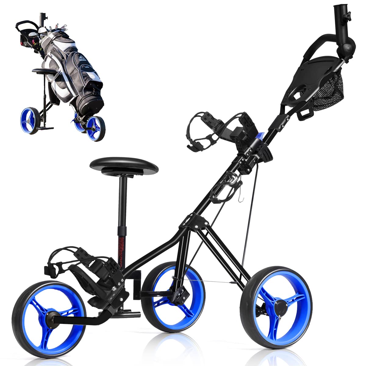 SPORFIT 3 Wheel Lightweight Folding Golf Push Cart with Adjustable Umbrella Holder, Foot Brake & Seat - Golf Bag Carrier with Upper/Lower Brackets & Elastic Straps | Perfect for Golf Course, Driving Range & Outdoor Practice
