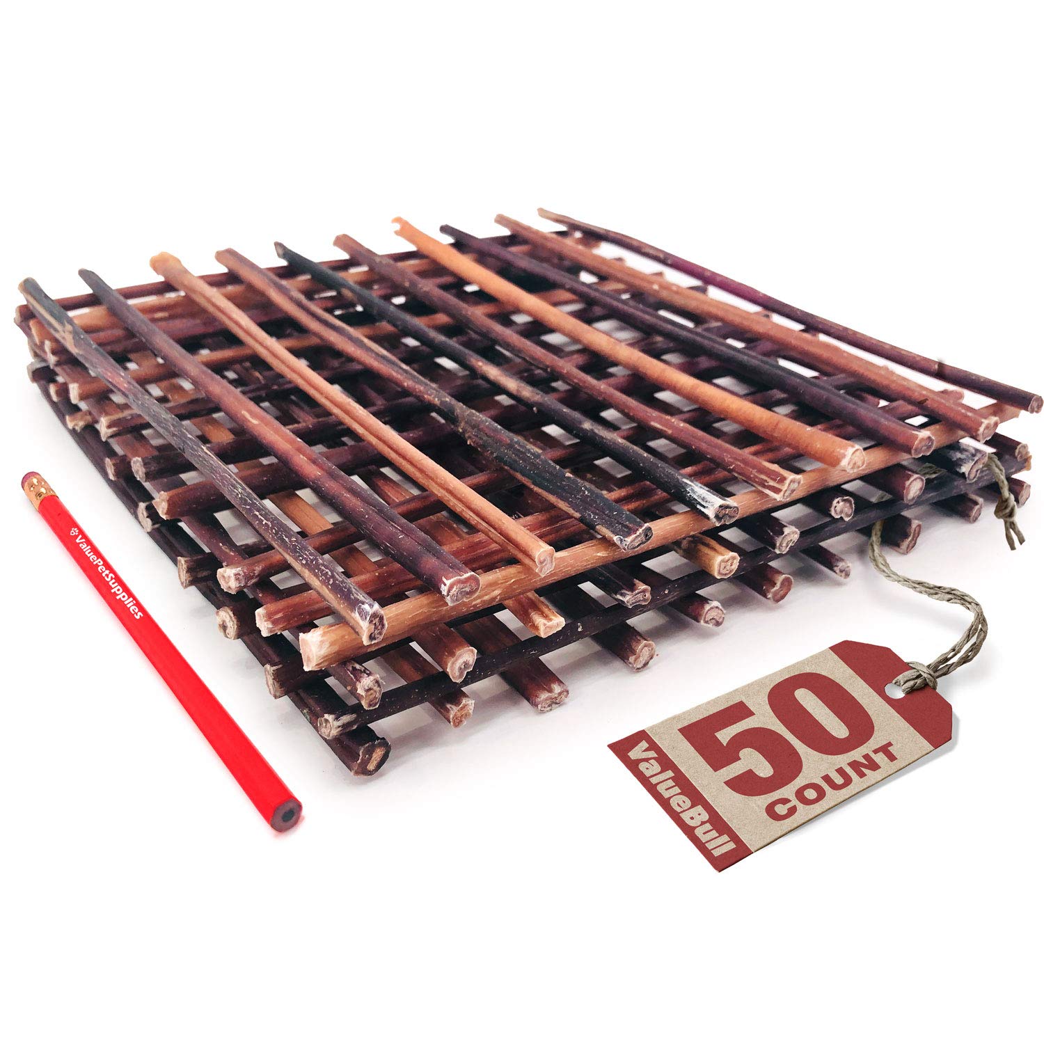 ValueBull Extra Thin 12 Inch Bully Sticks for Small Dogs - 50 Count All Natural 100% Beef Pizzle Dog Treats | Single Ingredient Rawhide Alternative | Perfect for Training, Chewing & Dental Health