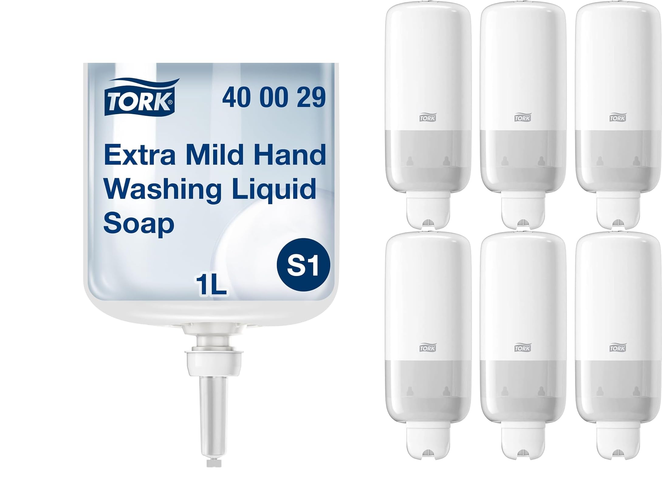 Tork Extra Mild Hand Washing Liquid Soap S1 - 6 Pack (6 x 1L) with White Liquid Skincare Dispenser for Soap & Sanitizer | Gentle Cleansing for Sensitive Skin | Ideal for Homes, Offices & Healthcare Facilities