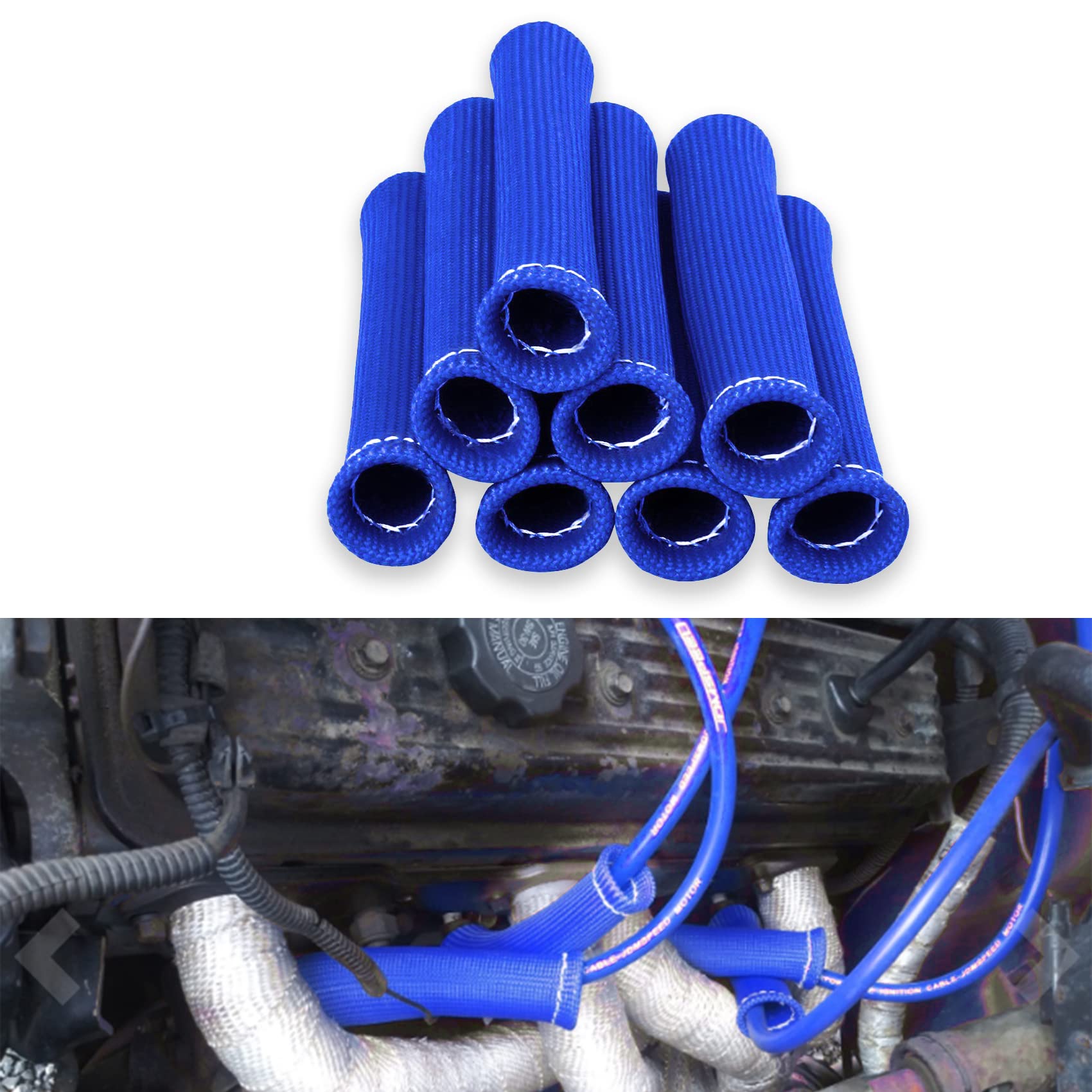 8Pcs High-Temperature Spark Plug Wire Boots Heat Shield Protector Sleeve - 1200°F Heat Resistant Cover, Insulator Sleeve for Car & Truck Engines (6 inch, Blue) - Perfect for Automotive Repair & Performance Upgrades