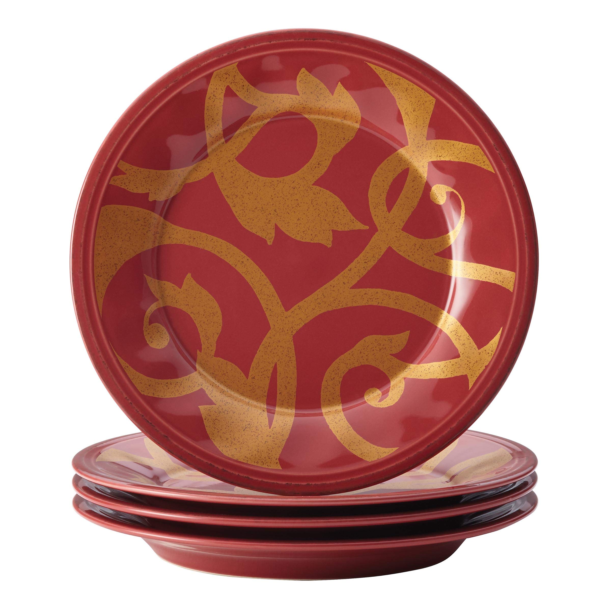 Rachael Ray Gold Scroll 4-Piece Salad Plate Set - Elegant Cranberry Red Dinnerware for Salads, Desserts & Appetizers - Perfect for Dinner Parties, Holidays & Home Decor