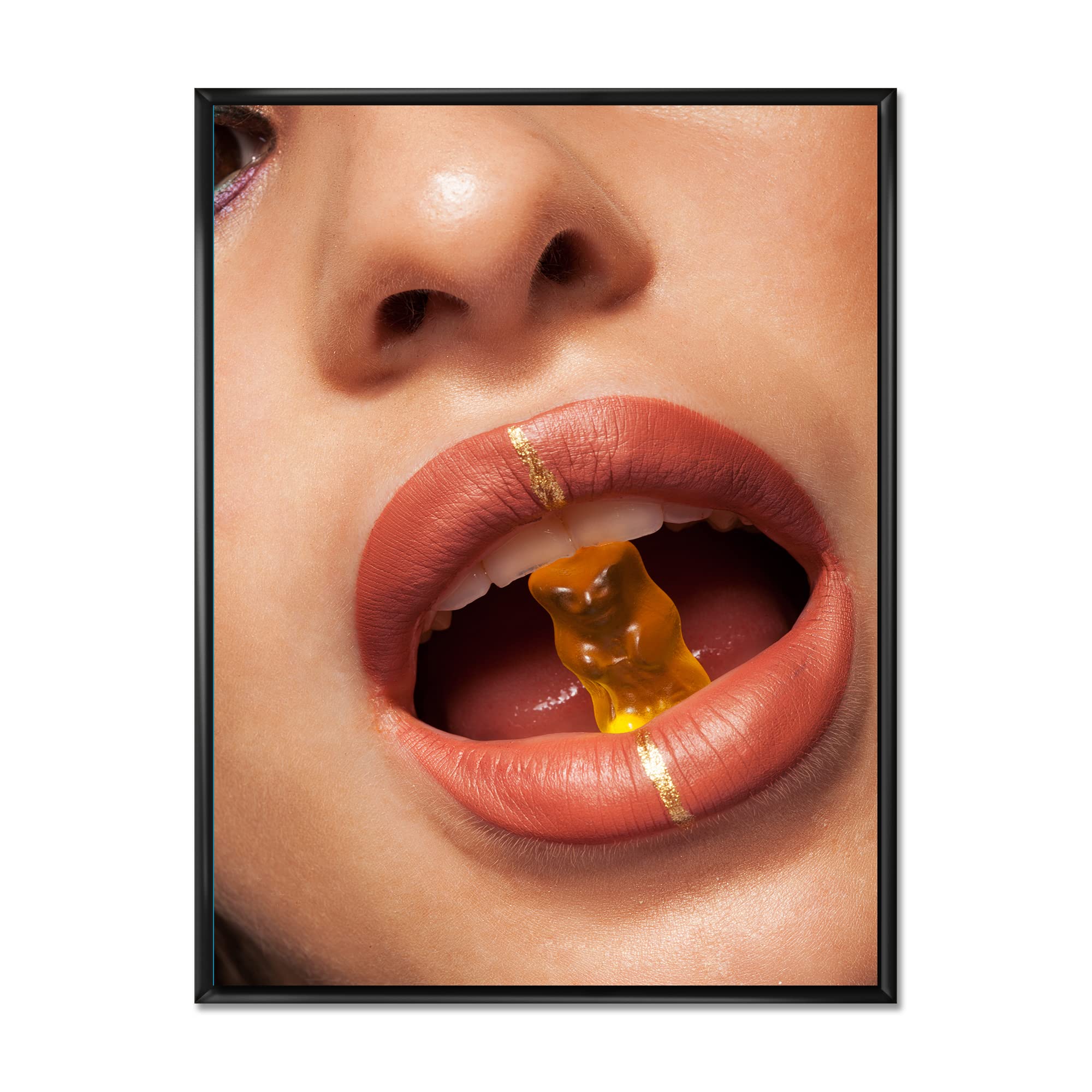Modern Framed Canvas Wall Art Print - Close Up View of Woman Biting Gummy Bear - Perfect for Living Room, Bedroom & Office Decor