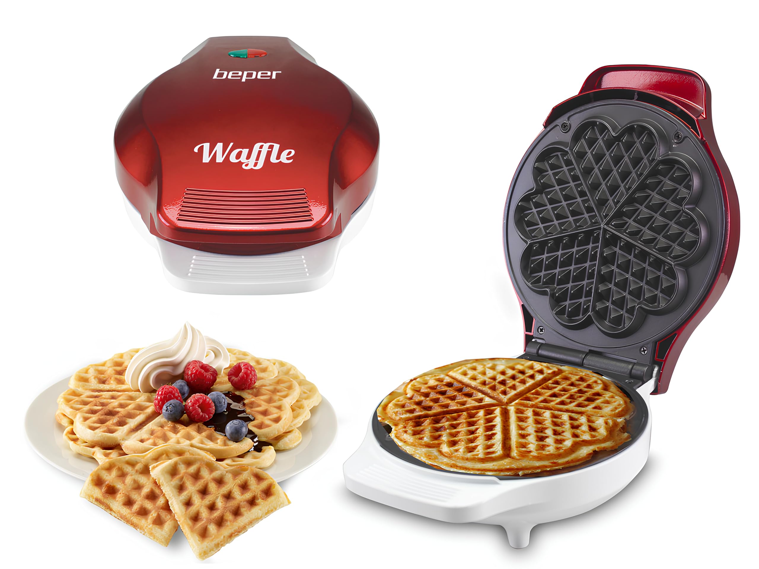 Beper Waffle Maker - Non-Stick 18cm Waffle Iron, Makes 5 Waffles at Once, 800-1000W (Red/White) - Perfect for Breakfast, Brunch & Family Gatherings