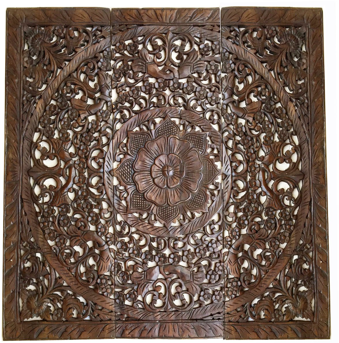 Large Floral Wood Carved Wall Panels - Dark Brown 36