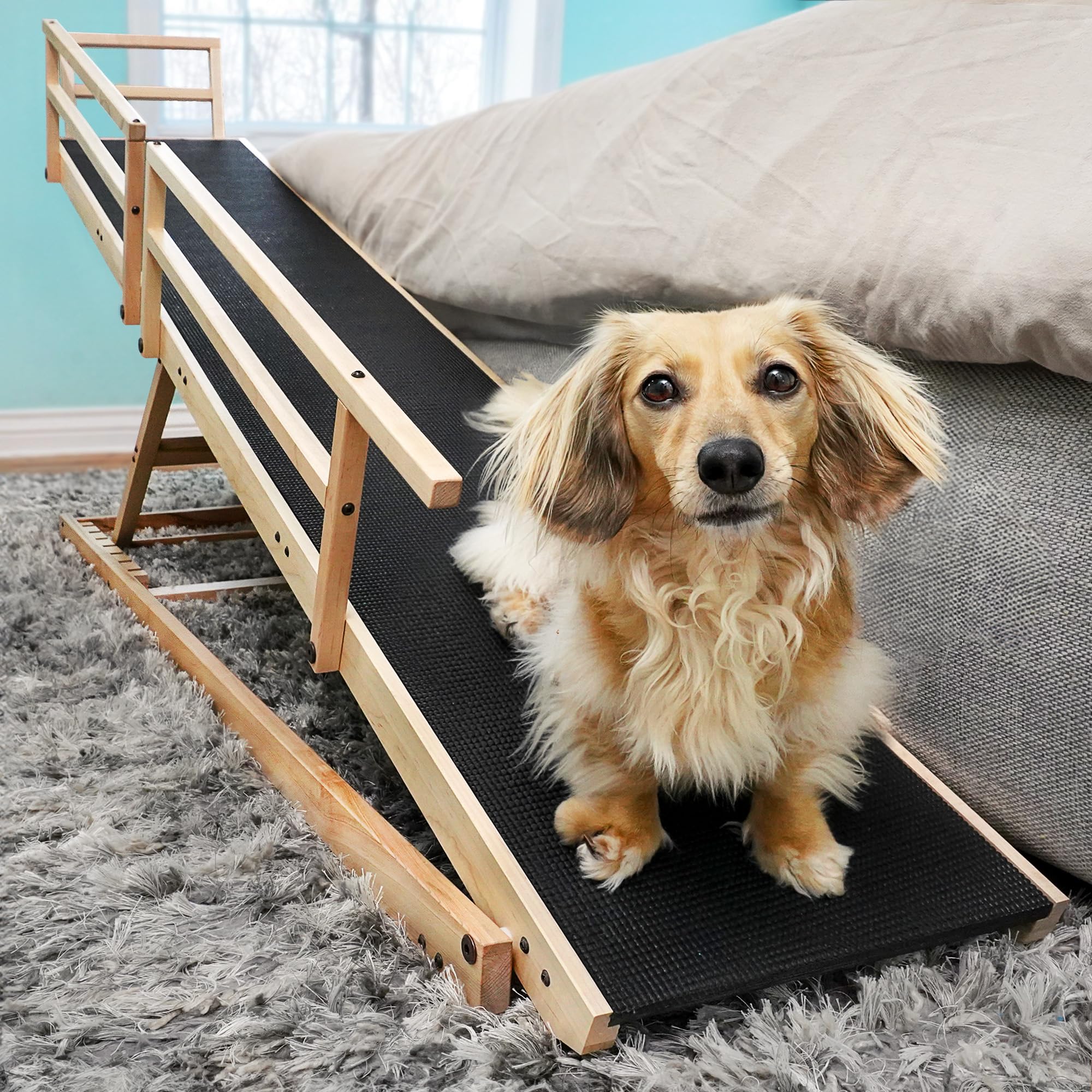 **Premium Solid Hardwood Dog Ramp for High Beds – Adjustable Up to 37