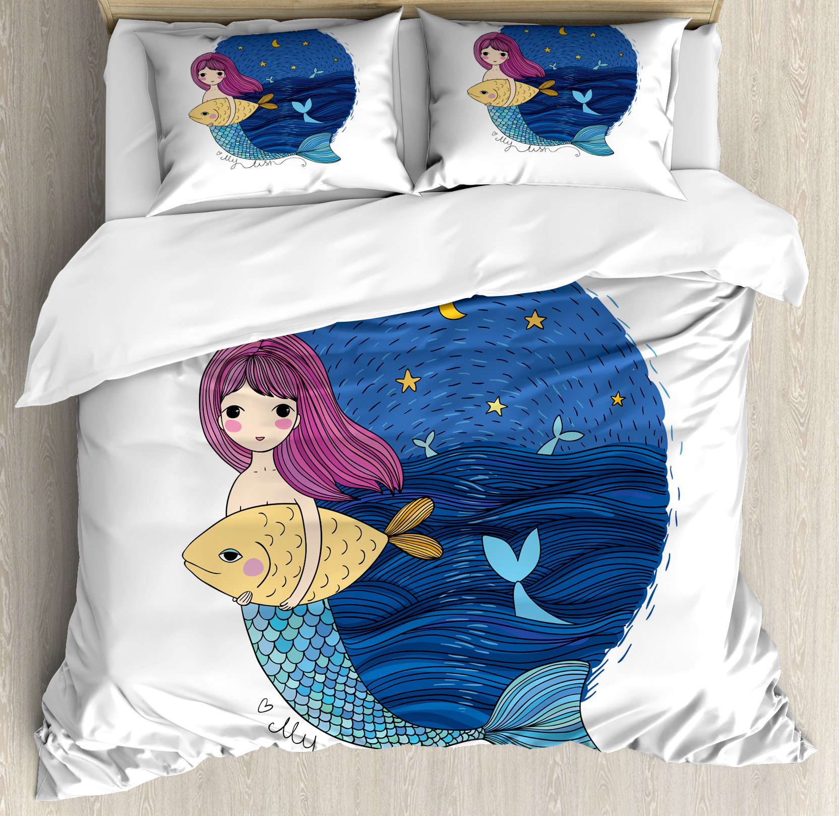 Ambesonne Fantasy Mermaid Duvet Cover Set - Hand Drawn Mermaid Holding Fish Under Starry Night Seascape - 3 Piece King Size Bedding Set with 2 Pillow Shams - Perfect for Coastal Themed Bedrooms & Mermaid Lovers' Dream Decor