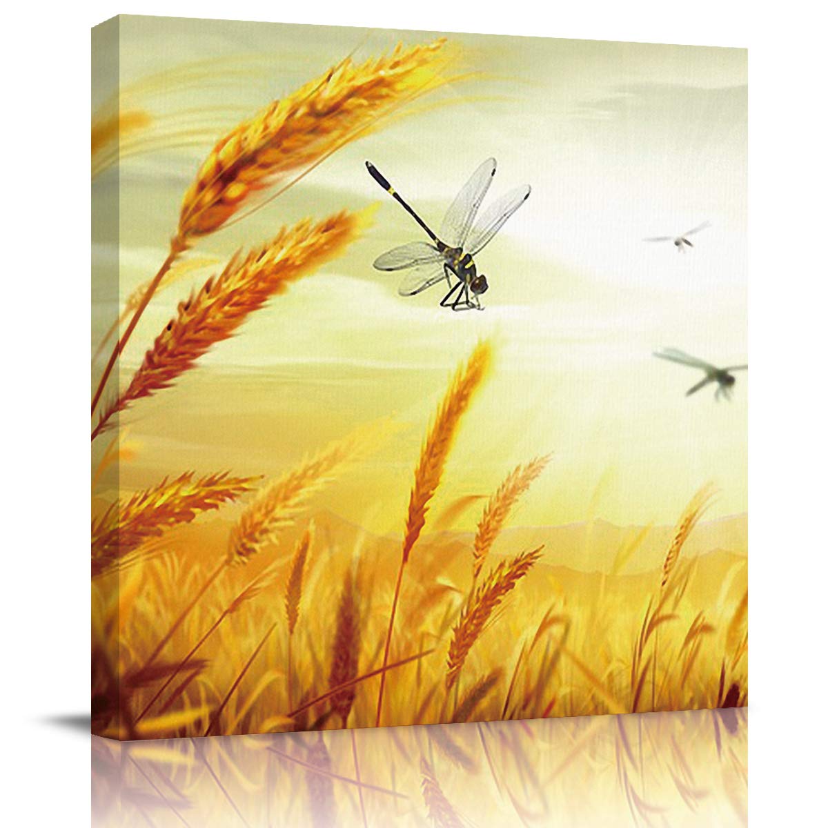 Miss Sweetheart Canvas Wall Art - Flying Dragonfly & Golden Wheat Field Oil Painting, 12