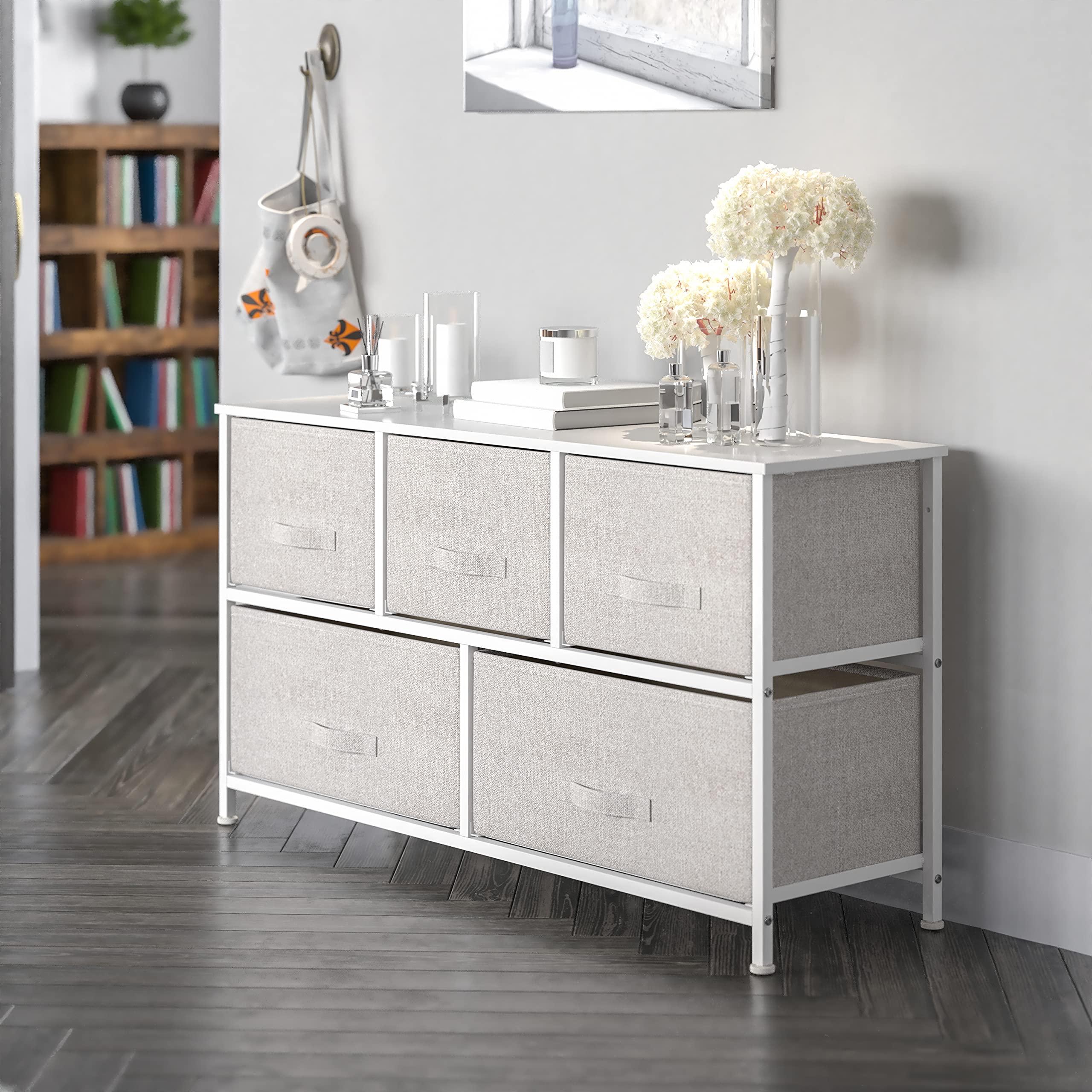 Emma & Oliver 5-Drawer Storage Chest - Black Wood Top & Light Gray Fabric Pull Drawers | Modern Bedroom Dresser, Nursery Storage, Living Room Organizer