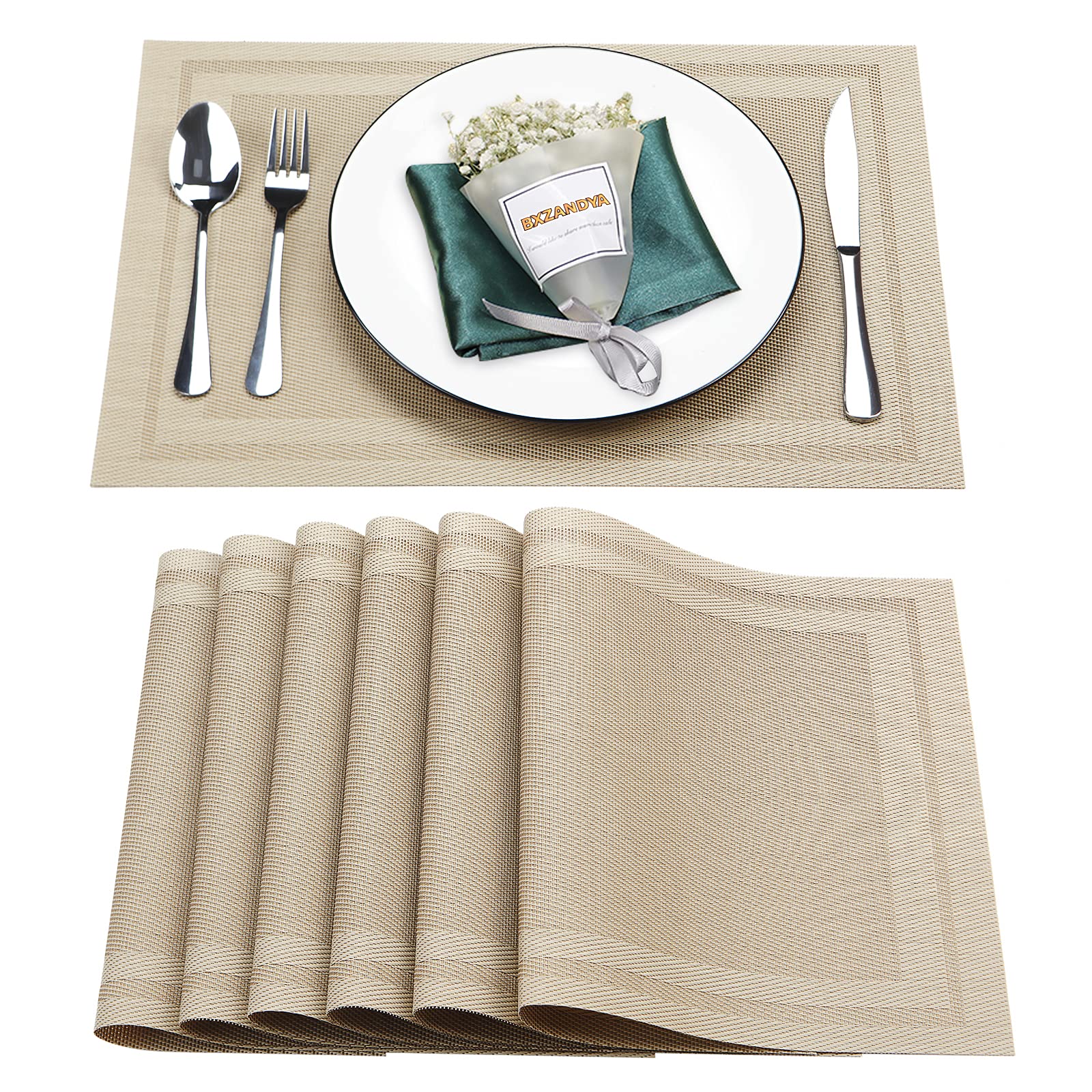 Bxzandya Heat Resistant Washable Placemats Set of 6 - Waterproof Stainproof Table Mats for Kitchen Dining Room - Indoor Outdoor Vinyl Placemats for Daily Use, Parties & Picnics (Beige, 6PCS)