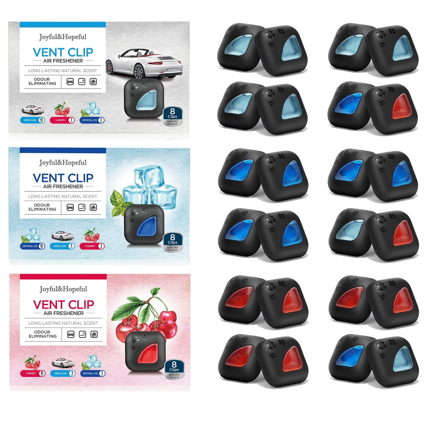 JOYFUL&HOPEFUL 24-Pack Car Air Freshener Vent Clips - 8 Crystal Ice, 8 New Car, 8 Cherry Scent | Long-Lasting Odor Eliminator for Cars & Trucks | Perfect for Daily Commute, Road Trips & Vehicle Maintenance