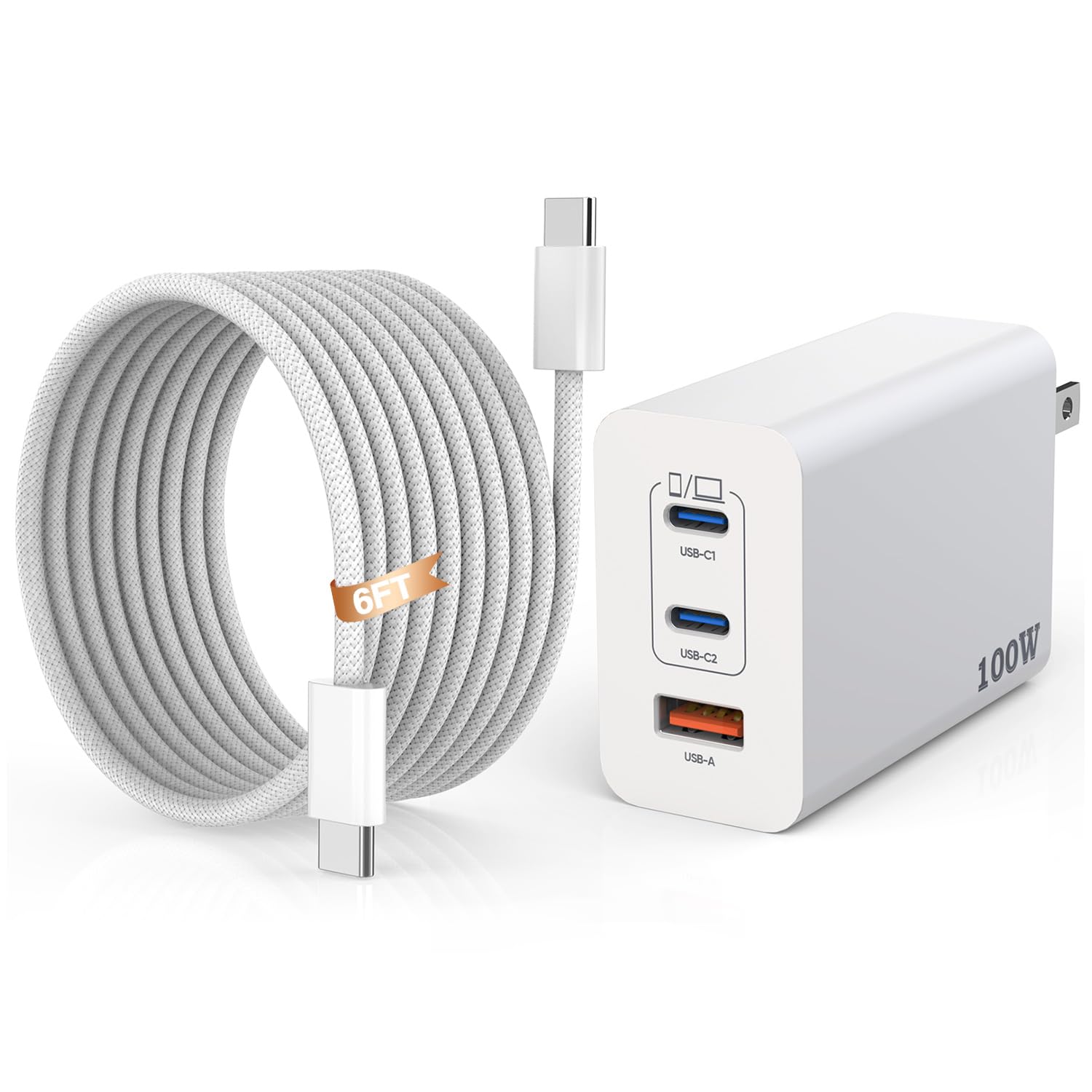 100W USB C Fast Charger with 6FT Woven Cable - 3-Port USB C Laptop Charger for MacBook, MacBook Air, MacBook Pro, iPhone 16/15 Series, iPad 10 | Perfect for Home, Office & Travel Charging Needs