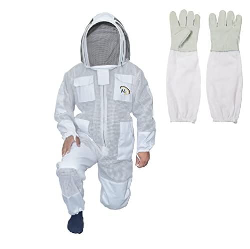 Professional 3-Layer Ventilated Beekeeping Suit with Fencing Veil & Gloves - Bee Sting Proof Apiarist Protective Gear (Medium, White) | Ideal for Honey Harvesting, Hive Inspection & Apiary Work
