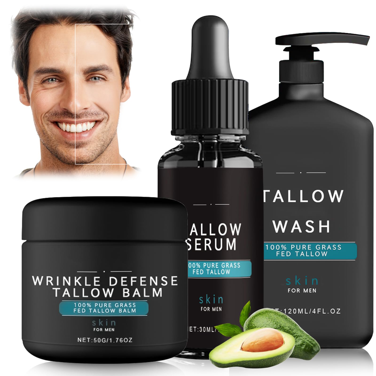 Natural Tallow Balm for Men - Wrinkle Defense Face Moisturizer with Beef Tallow | Anti-Aging Cream to Diminish Fine Lines & Wrinkles | Complete Skincare Kit (Cream, Face Wash & Night Serum) | Perfect for Daily Hydration & Nighttime Repair