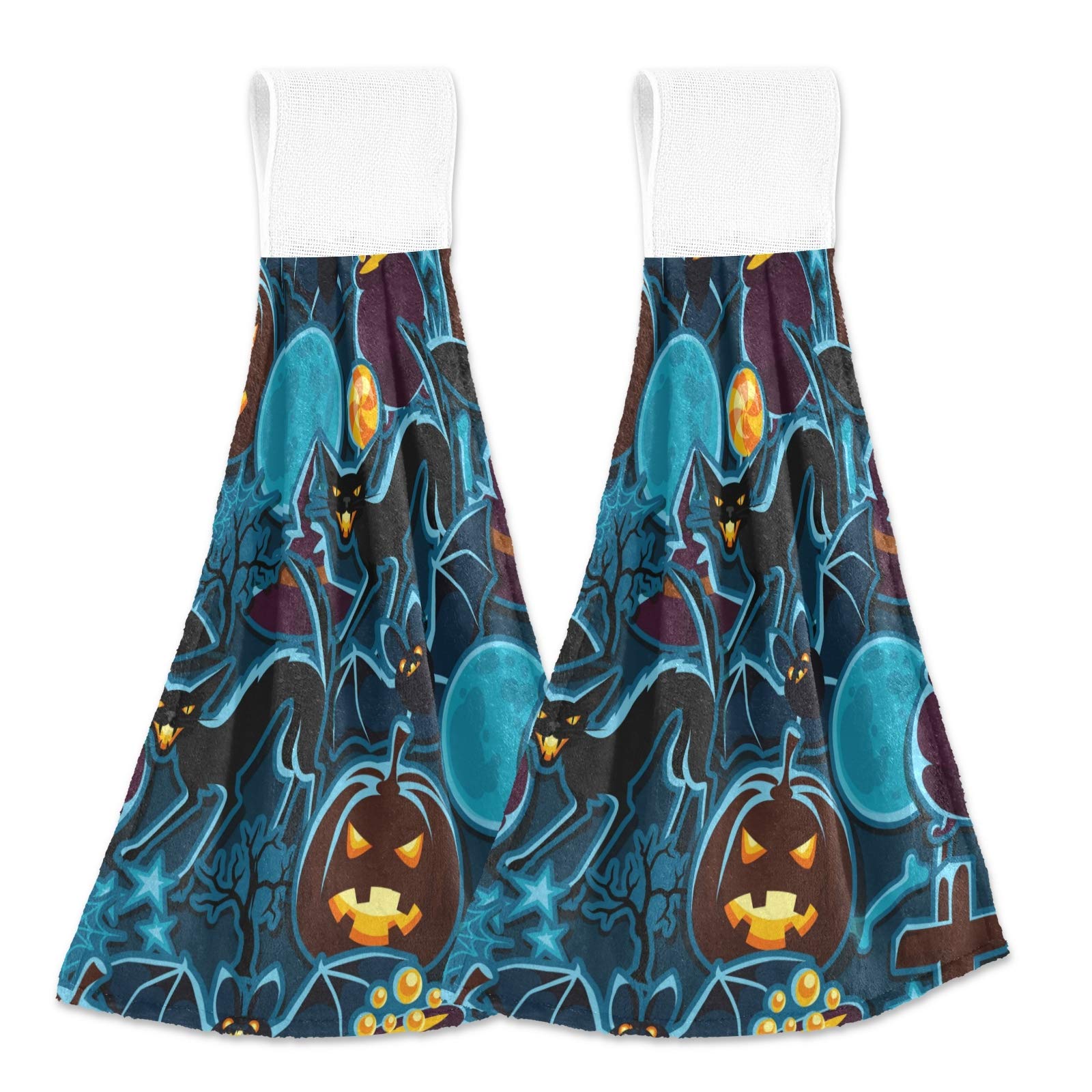 Spooky Halloween Cat Kitchen Towels - 2 Pack Absorbent Cotton Hand Towels with Hanging Loop for Kitchen, Bathroom, Halloween Decor - Pumpkin Moon Blue Design for Fall & Holiday Decorations