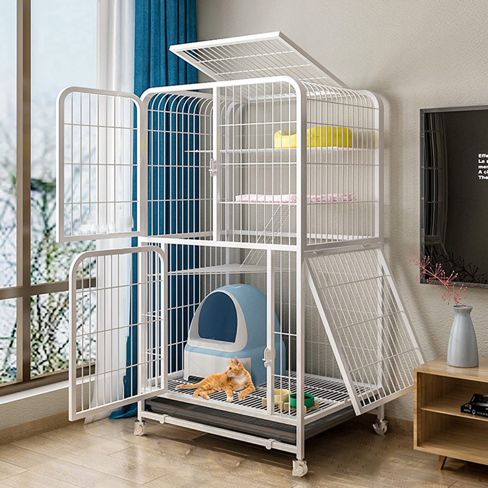 QJM Outdoor Cat Cage Playpen - Large Metal Cat & Kitten Enclosure with Scratching Posts, Free Hammock & Wheels | Portable Pet Villa for Indoor/Outdoor Use, Backyard Play & Travel