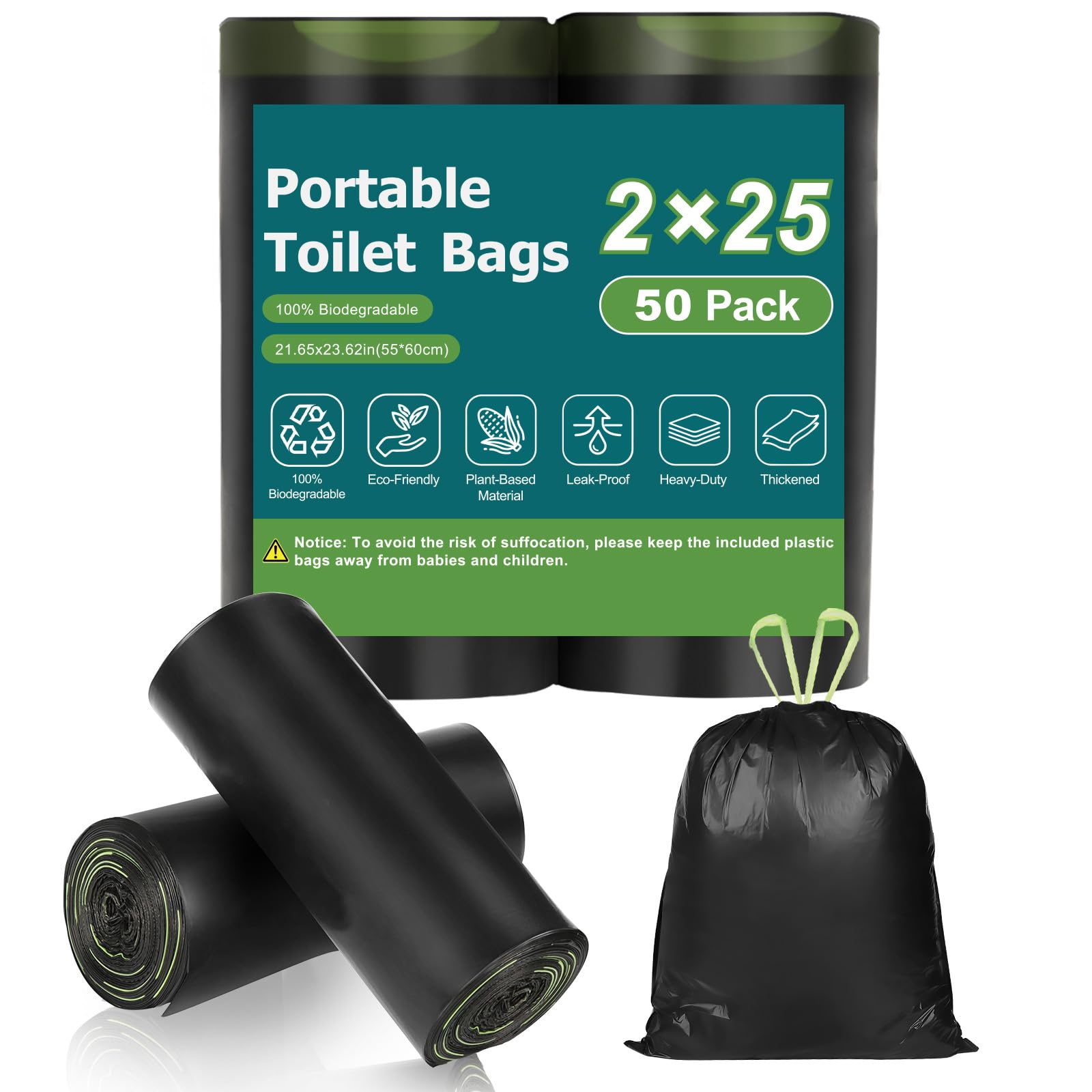 50 Pack Portable Toilet Bags for Camping & Emergency - Biodegradable 5-8 Gallon Bucket Toilet Seat Liners with Drawstring & Lemon Scent - Ideal for Outdoor Adventures, Road Trips, and Emergency Preparedness