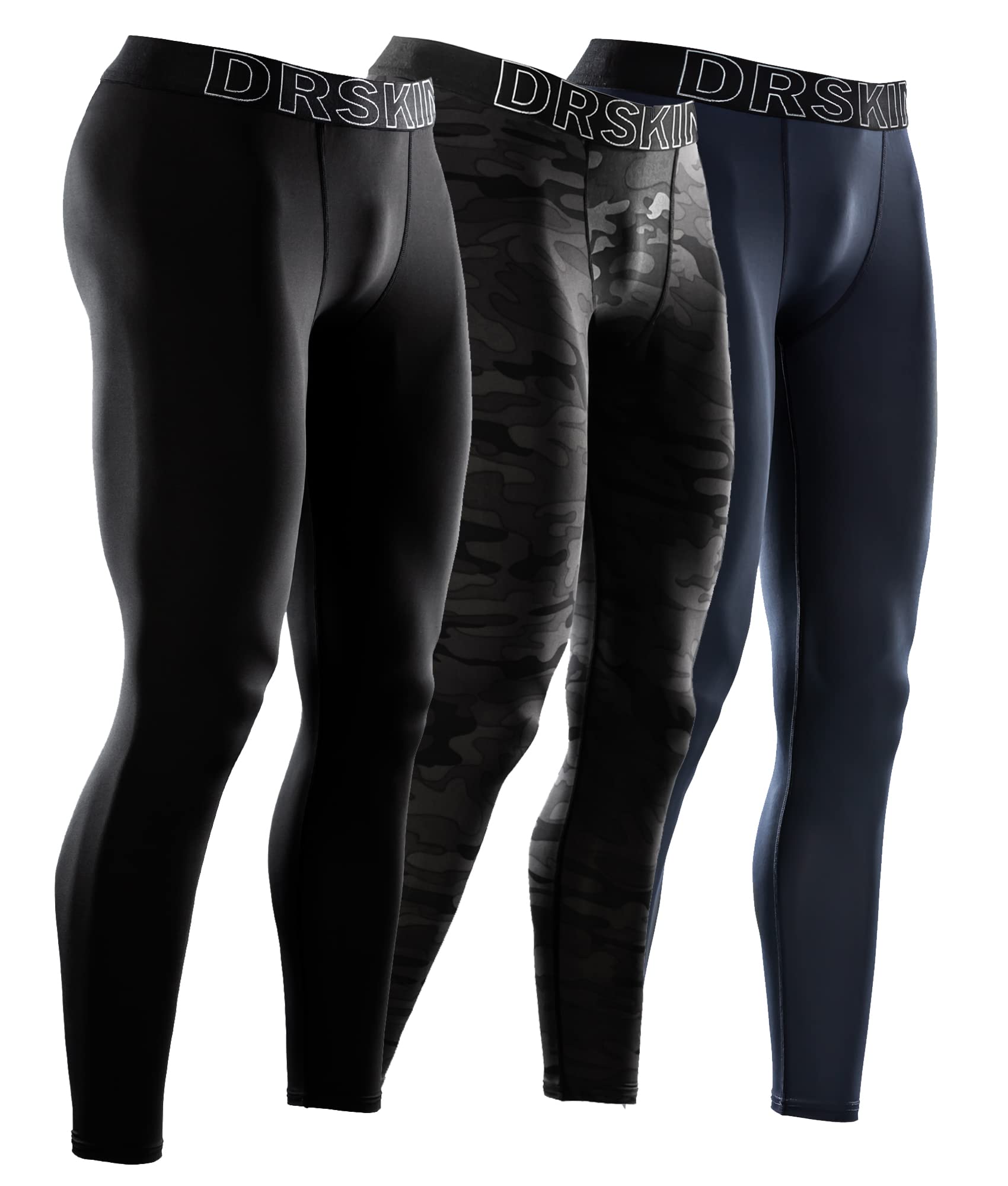 DRSKIN Men's Compression Pants 3-Pack - Athletic Base Layer Tights for Running, Workout & Sports - Moisture-Wicking & Breathable Leggings for Gym, Cycling & Cold Weather Training